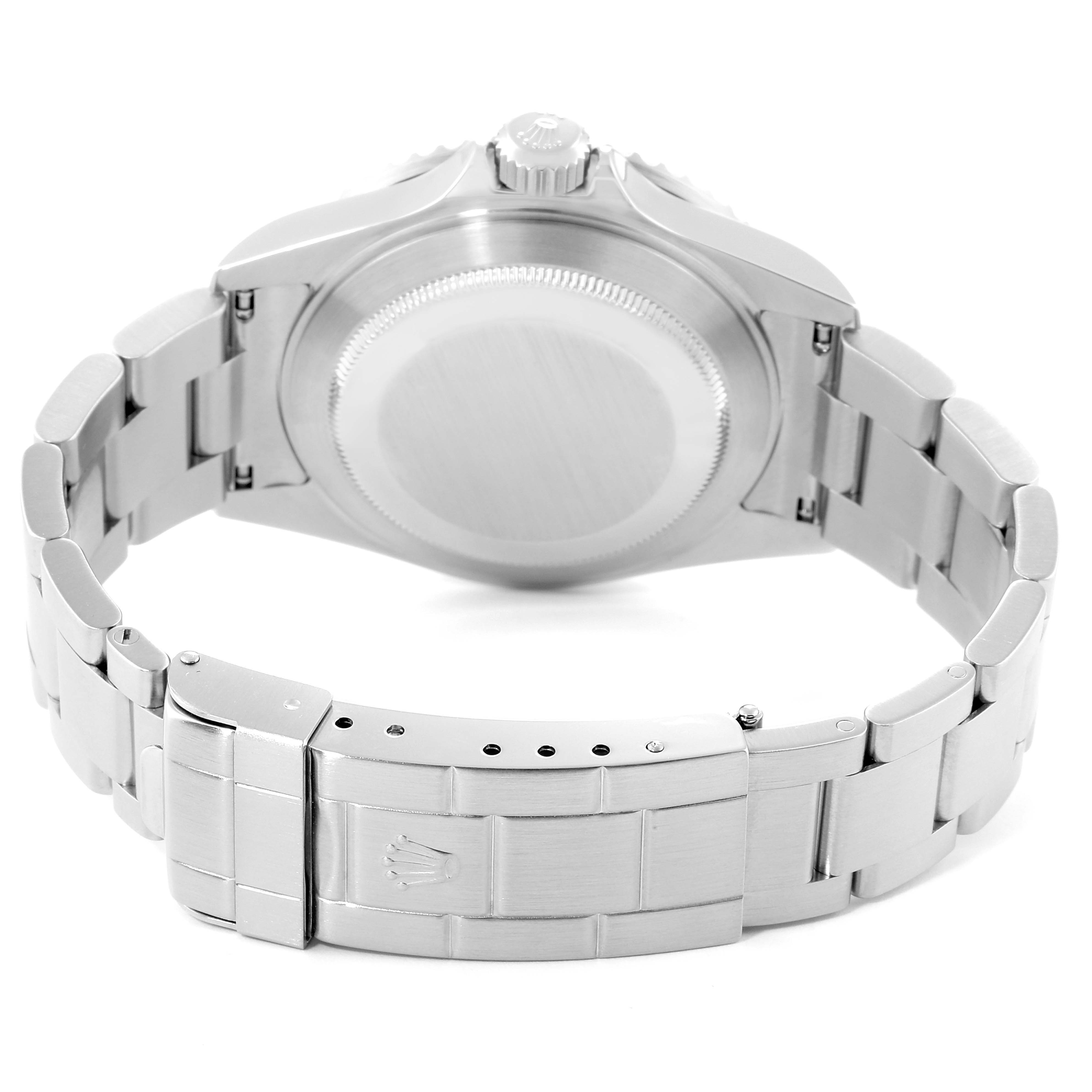 This image shows the back and bracelet of a Rolex Submariner 16610 Men
s Stainless Steel Black Dial 16610 Men
s Stainless Steel Black Dial watch from a rear angle.