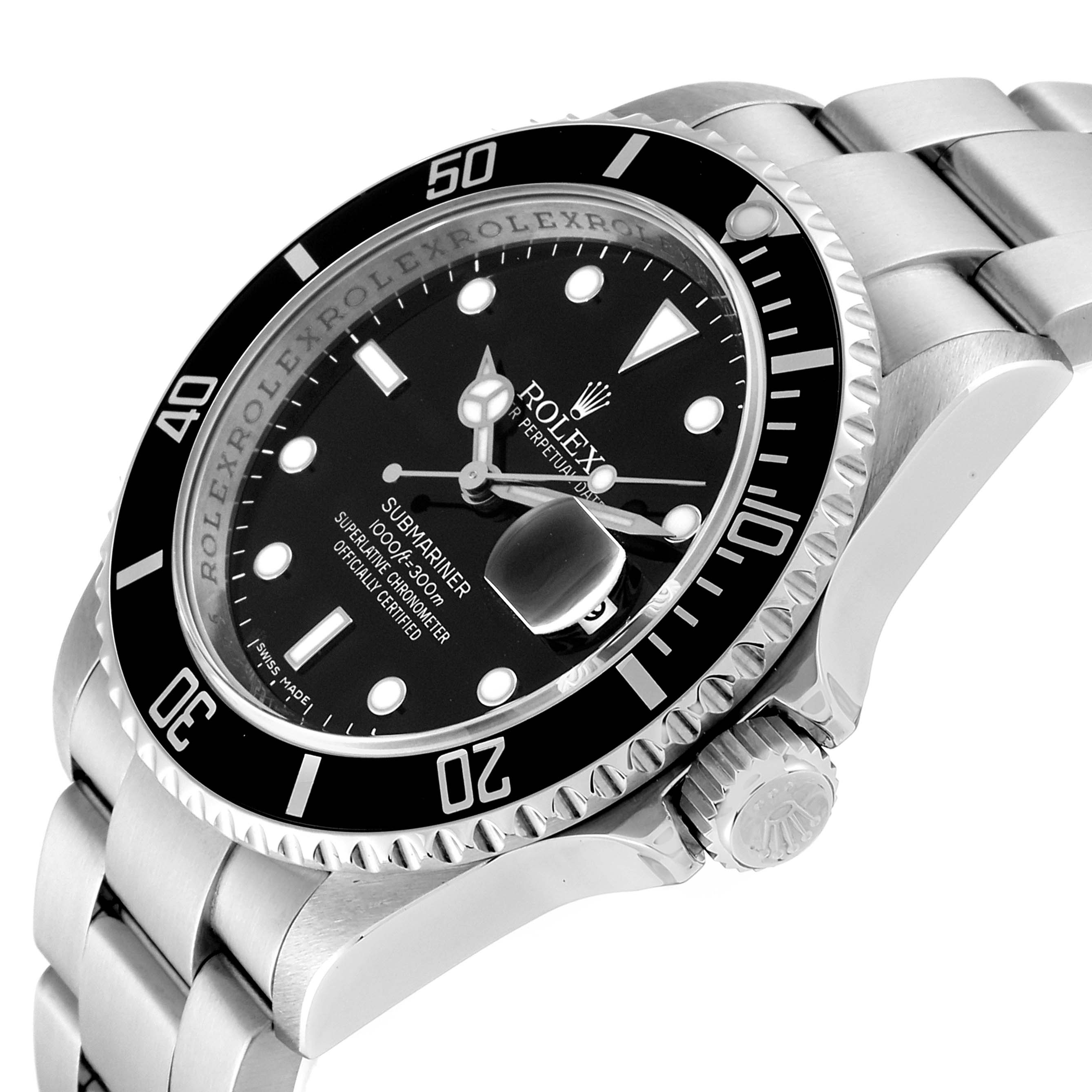 This close-up angle displays the dial, bezel, crown, and part of the bracelet of the Rolex Submariner 16610 Men
s Stainless Steel Black Dial 16610 Men
s Stainless Steel Black Dial watch.