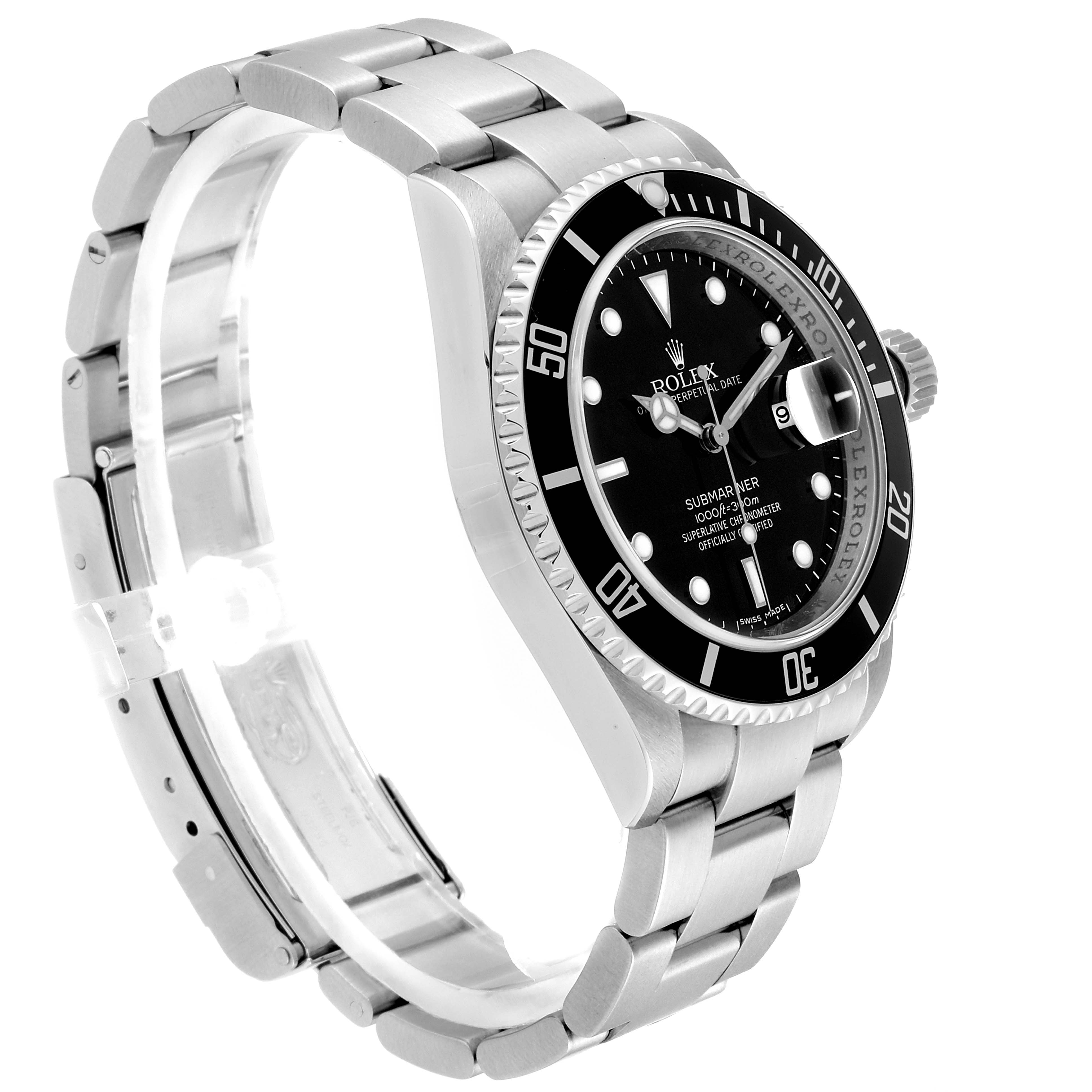 This image shows a side-angle view of the Rolex Submariner 16610 Men
s Stainless Steel Black Dial 16610 Men
s Stainless Steel Black Dial watch, displaying its metal bracelet, bezel, and dial with the crown visible.