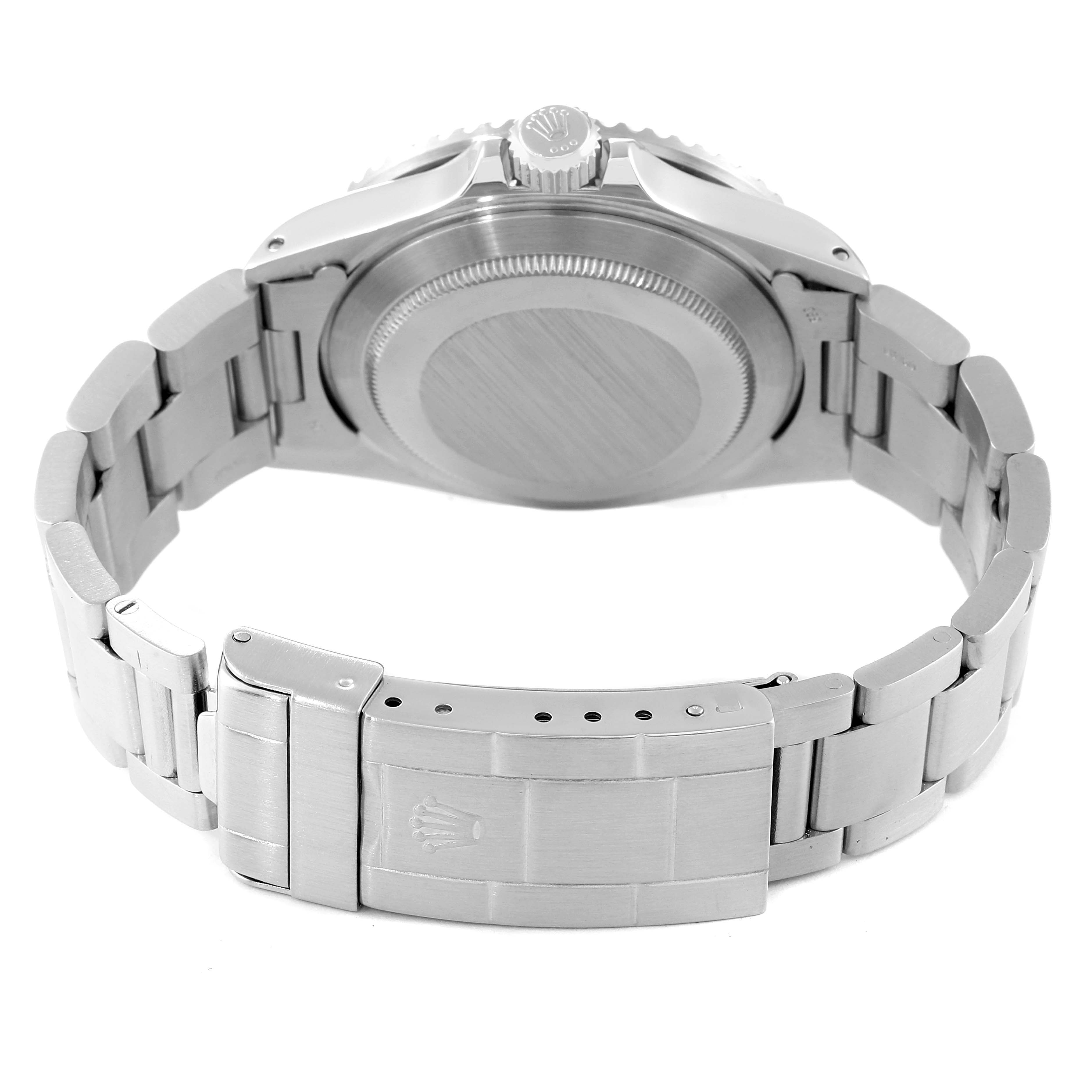 This image shows the back view of a Rolex Submariner 16800 Men
s Stainless Steel Black Dial 16800 Men
s Stainless Steel Black Dial watch, highlighting the bracelet clasp and case back.