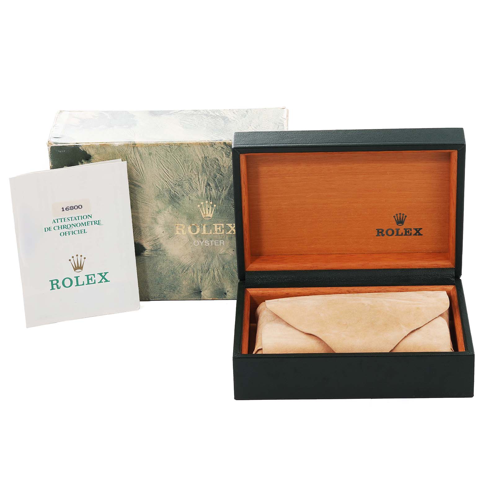 The image shows a Rolex Submariner 16800 Men
s Stainless Steel Black Dial 16800 Men
s Stainless Steel Black Dial watch
s box, outer packaging, and official certificate.