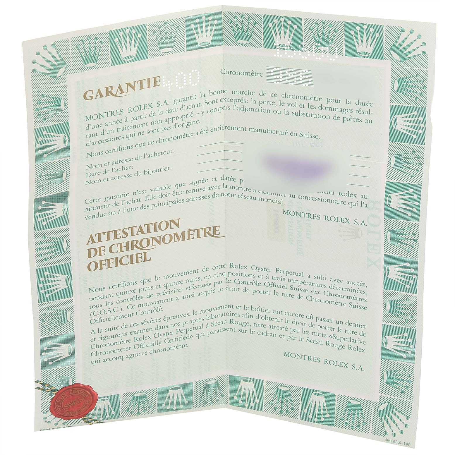 The image shows an open warranty certificate for the Rolex Submariner 16800 Men
s Stainless Steel Black Dial 16800 Men
s Stainless Steel Black Dial watch, featuring official chronometer attestation and branding.