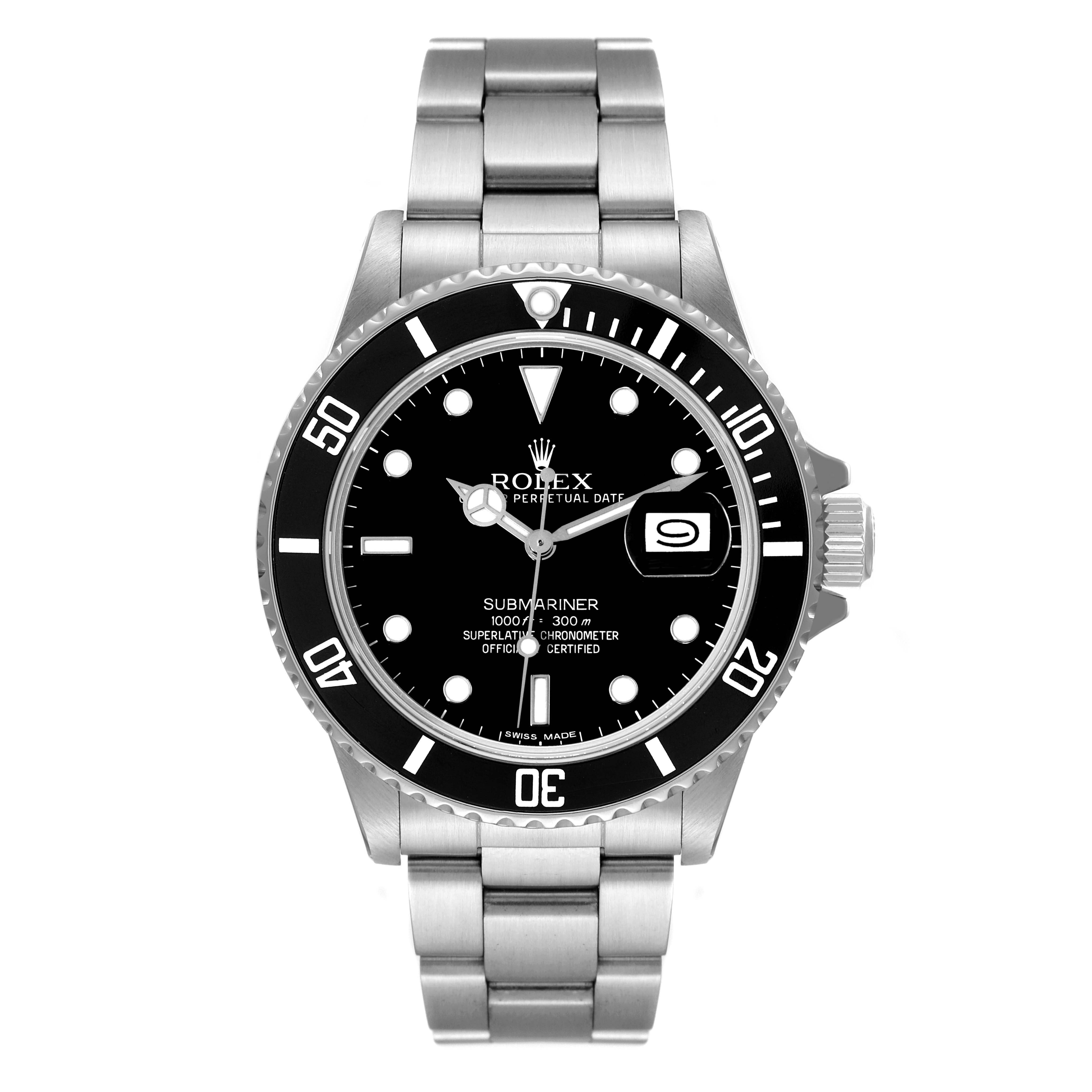 The image shows a top-down view of a Rolex Submariner 16800 Men
s Stainless Steel Black Dial 16800 Men
s Stainless Steel Black Dial watch, displaying its dial, bezel, bracelet, and crown.