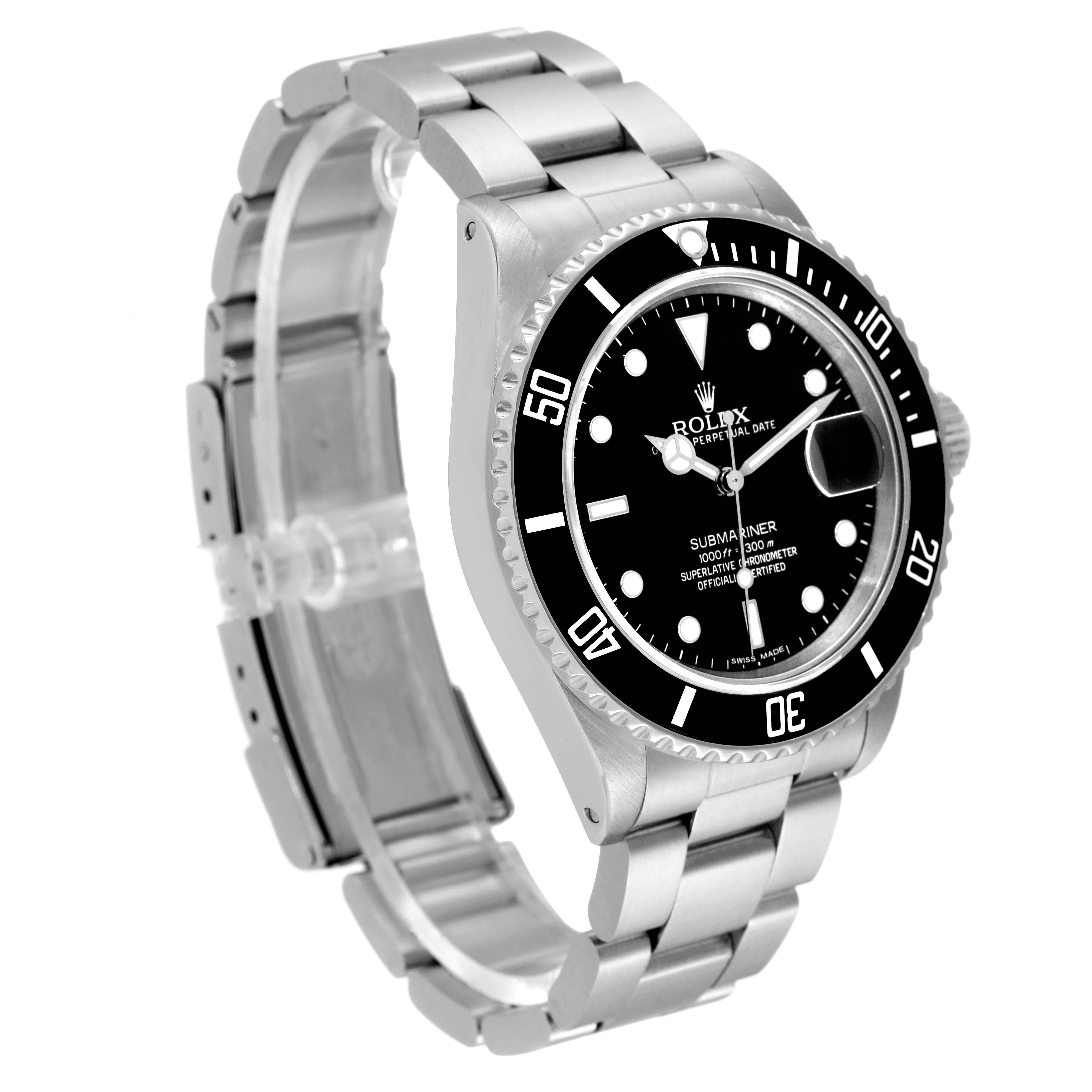 The image shows a Rolex Submariner 16800 Men
s Stainless Steel Black Dial 16800 Men
s Stainless Steel Black Dial watch from a three-quarter side angle, highlighting the bezel, dial, and metal bracelet.