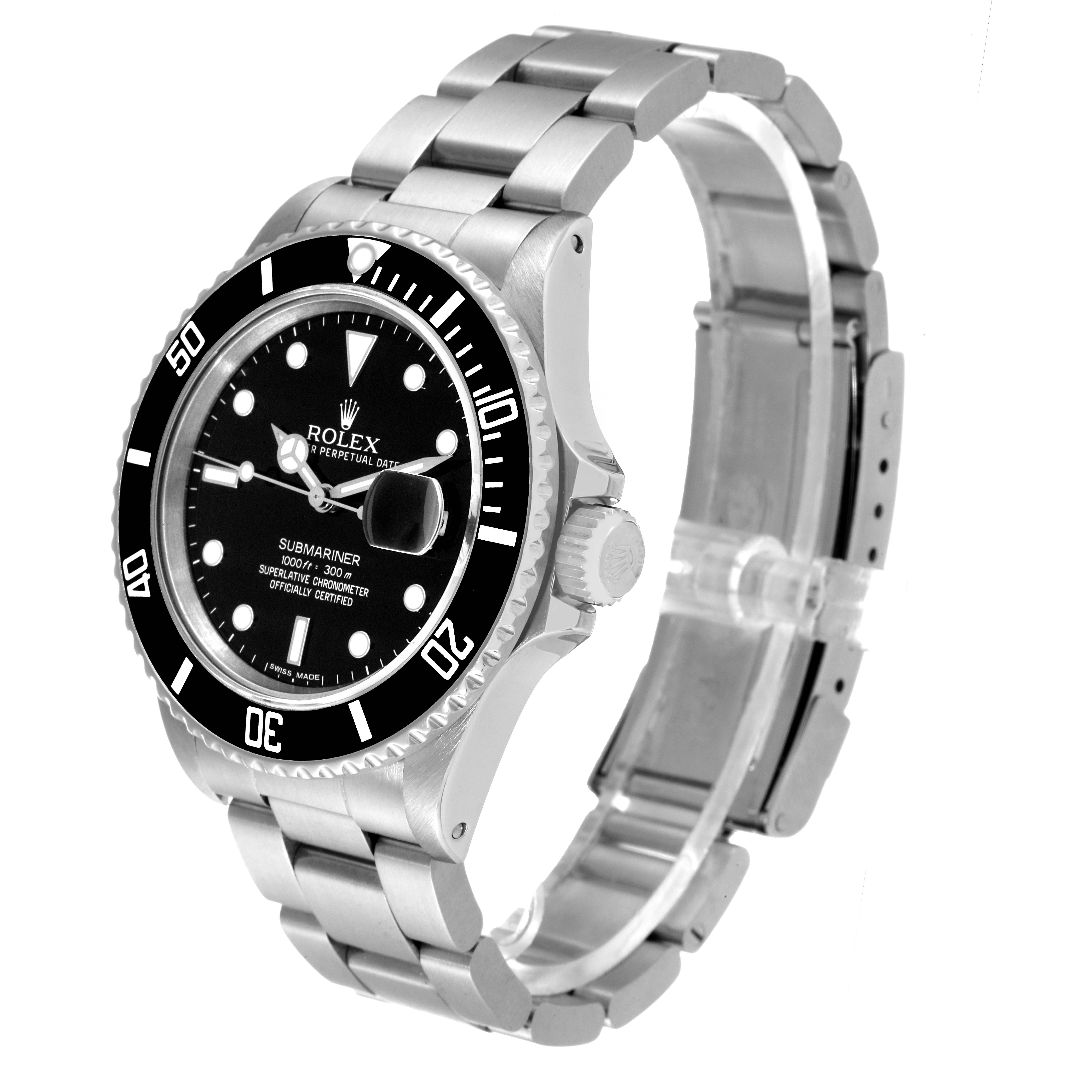 The Rolex Submariner 16800 Men
s Stainless Steel Black Dial 16800 Men
s Stainless Steel Black Dial watch is shown at a slight angle, highlighting its face, bezel, crown, and part of the metal bracelet.