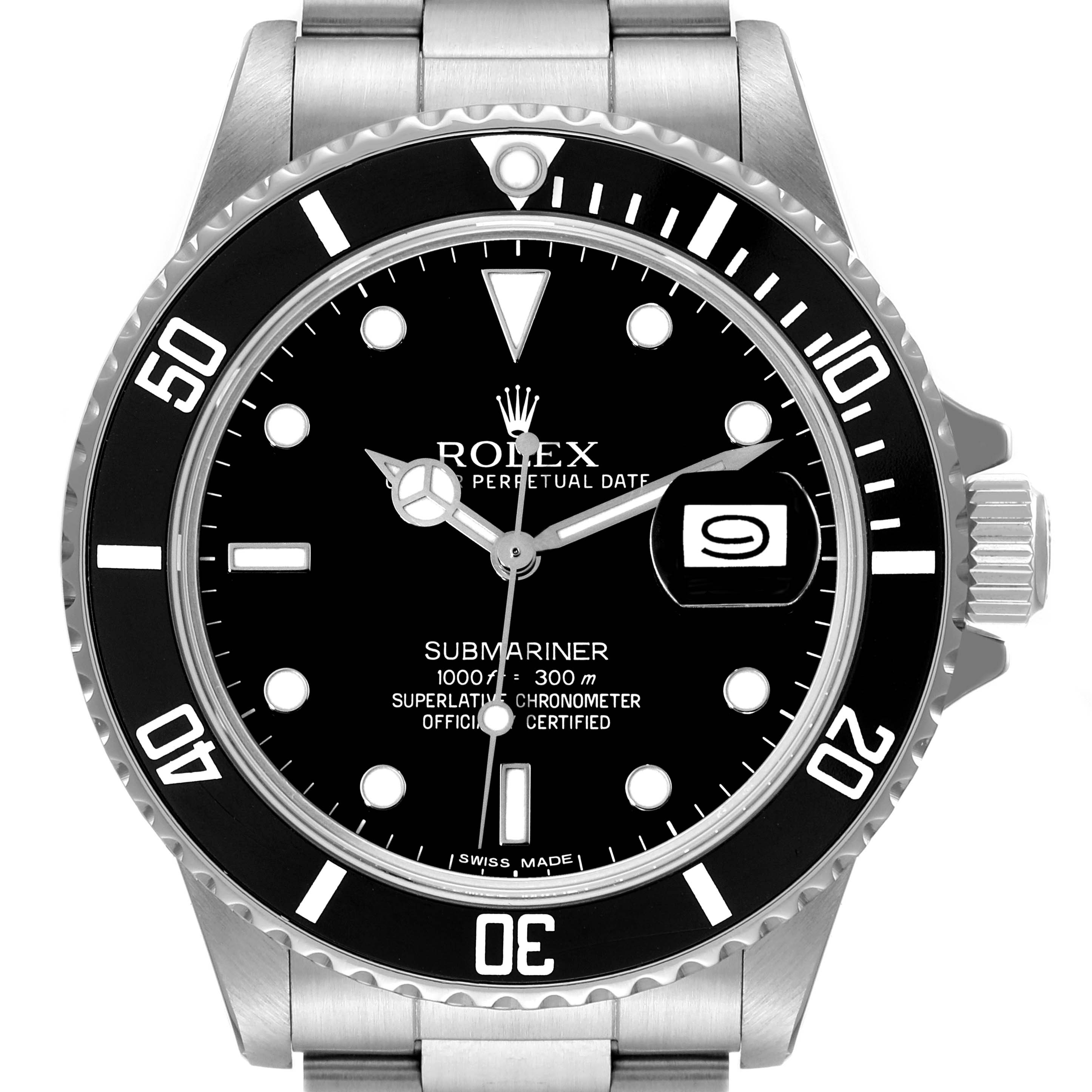 The image shows a front view of a Rolex Submariner 16800 Men
s Stainless Steel Black Dial 16800 Men
s Stainless Steel Black Dial watch displaying the dial, bezel, and portion of the bracelet.