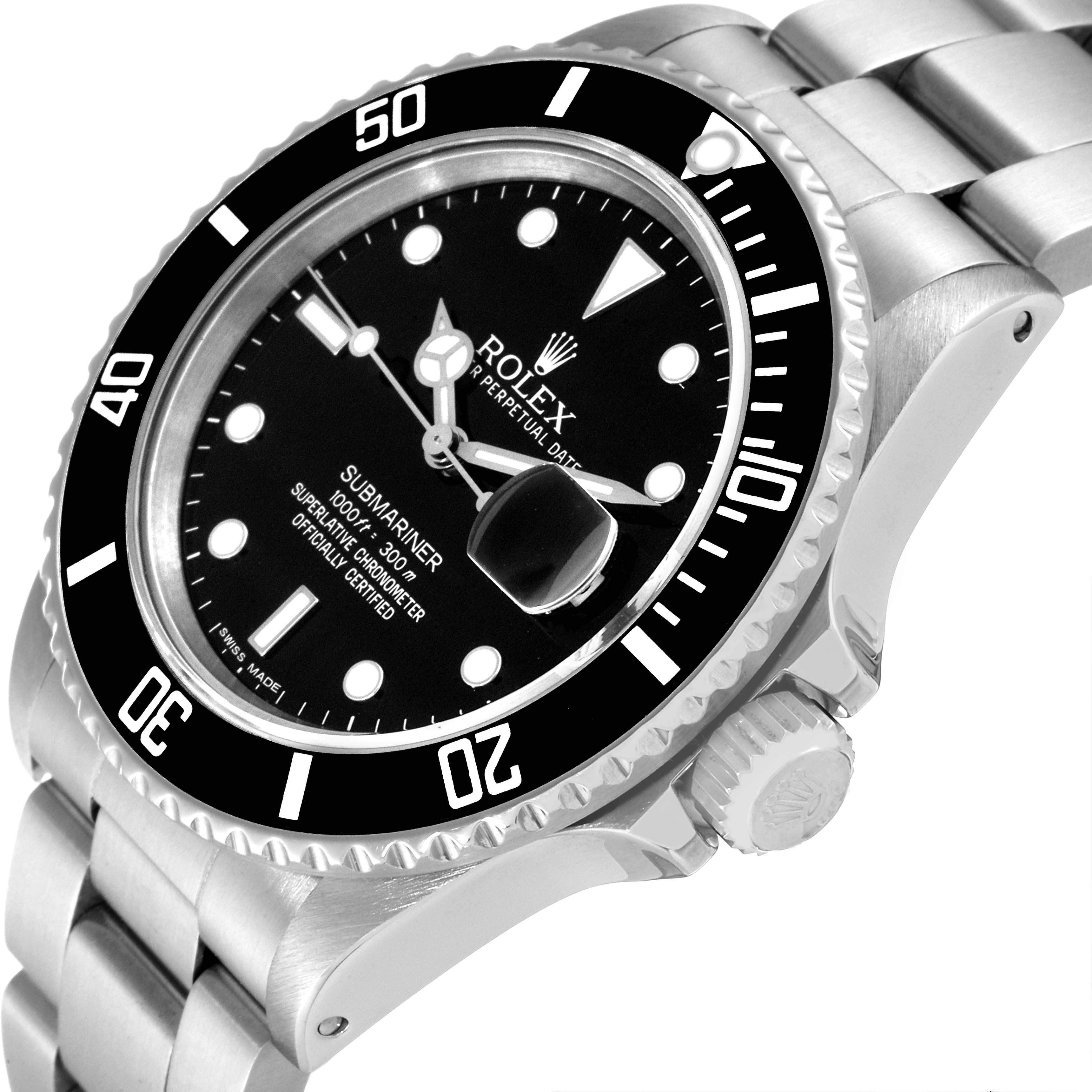 The Rolex Submariner 16800 Men
s Stainless Steel Black Dial 16800 Men
s Stainless Steel Black Dial watch is displayed at a tilted angle showing its face, bezel, crown, and part of the bracelet.