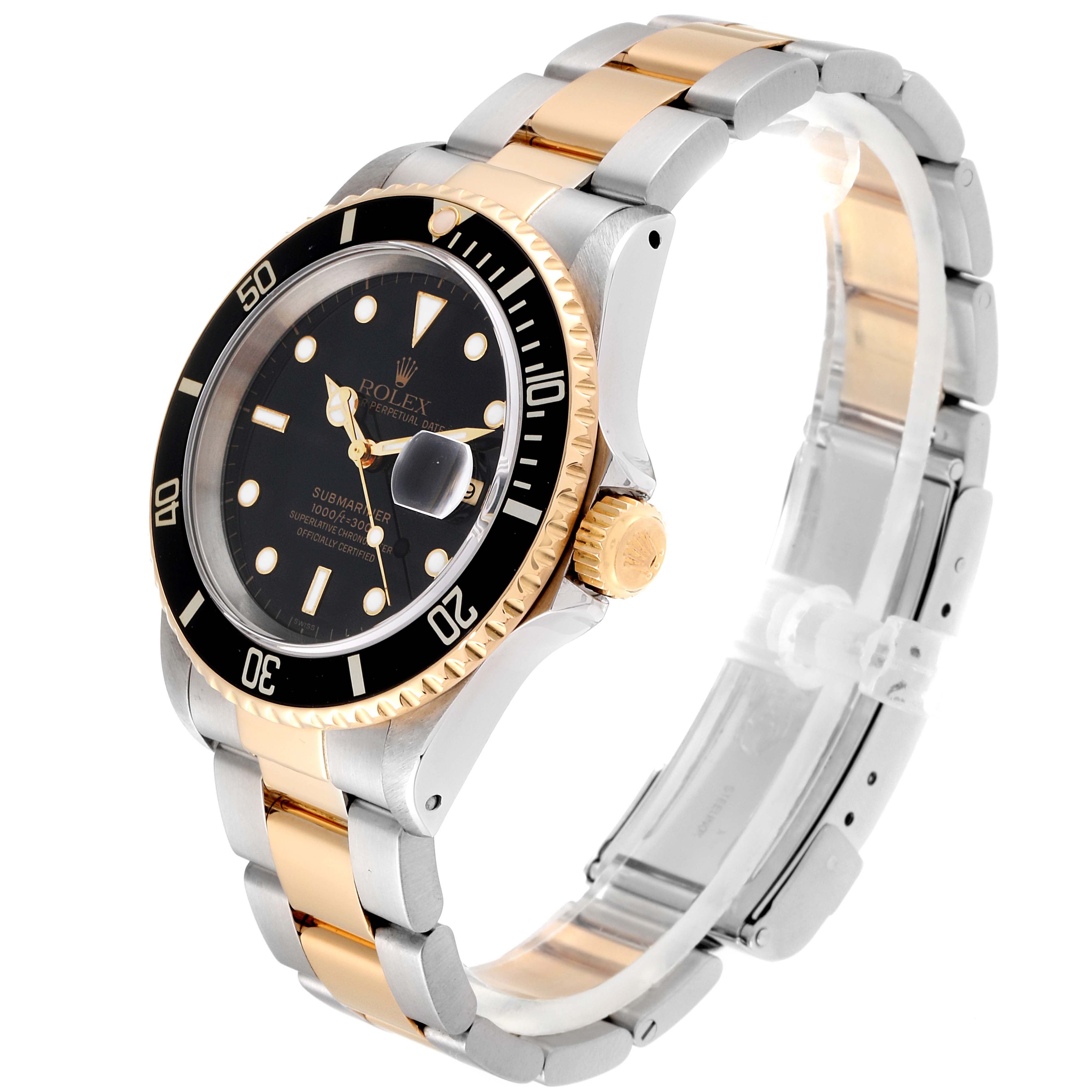 The image shows a Rolex Submariner 16613 Men's Steel and Gold (two tone) Black Dial 16613 Men's Steel and Gold (two tone) Black Dial watch shot from a three-quarter angle, displaying the bezel, dial, case, and bracelet.