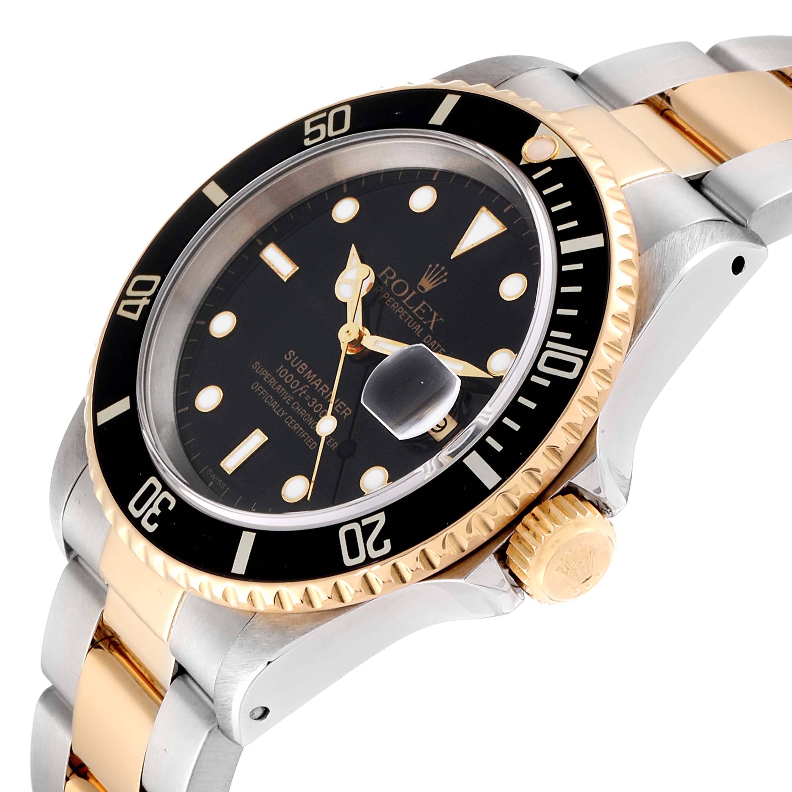 The Rolex Submariner 16613 Men's Steel and Gold (two tone) Black Dial 16613 Men's Steel and Gold (two tone) Black Dial watch is shown at an angled close-up, detailing the bezel, crown, dial, and part of the bracelet.