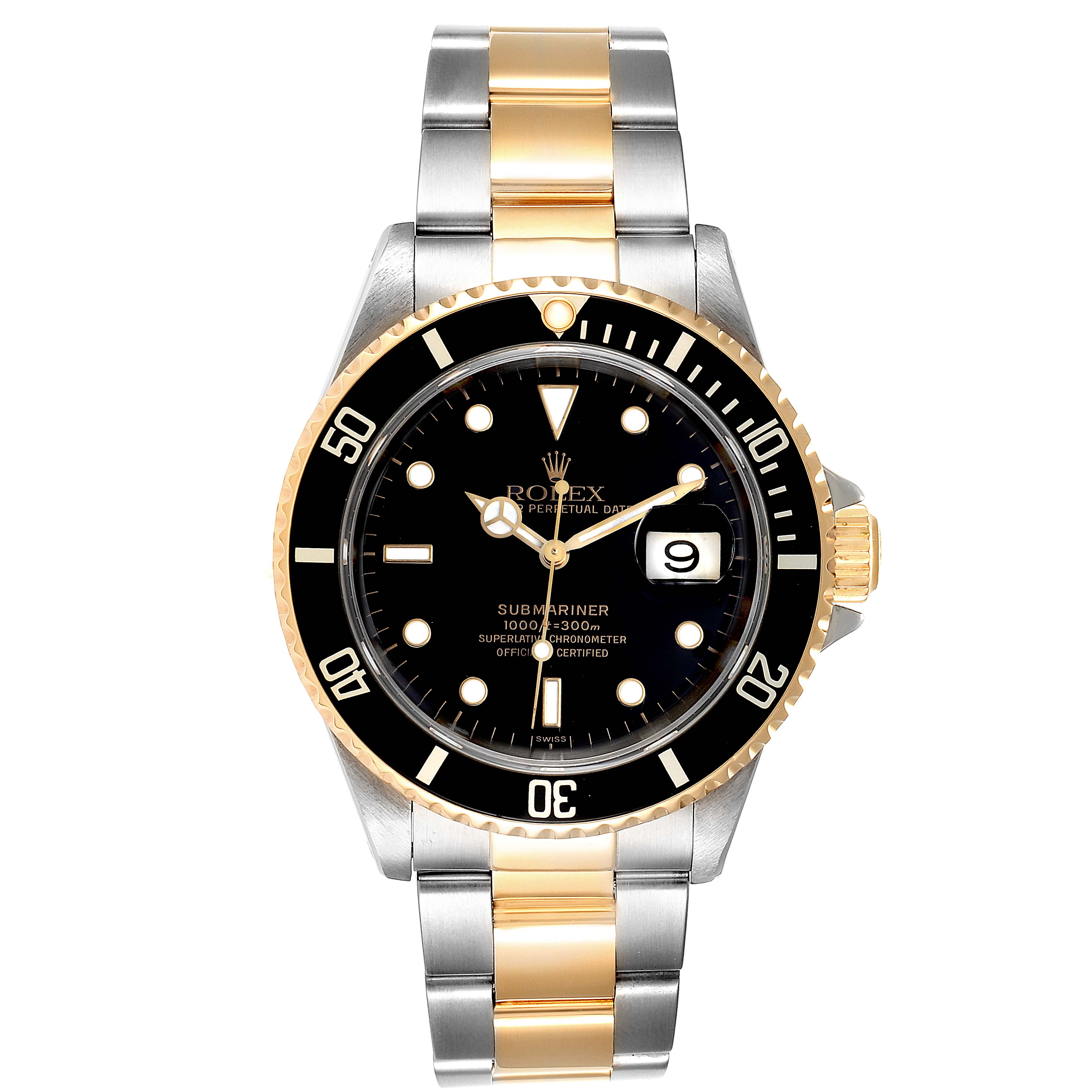 This image shows a front view of the Rolex Submariner 16613 Men's Steel and Gold (two tone) Black Dial 16613 Men's Steel and Gold (two tone) Black Dial, displaying the dial, bezel, and bracelet.