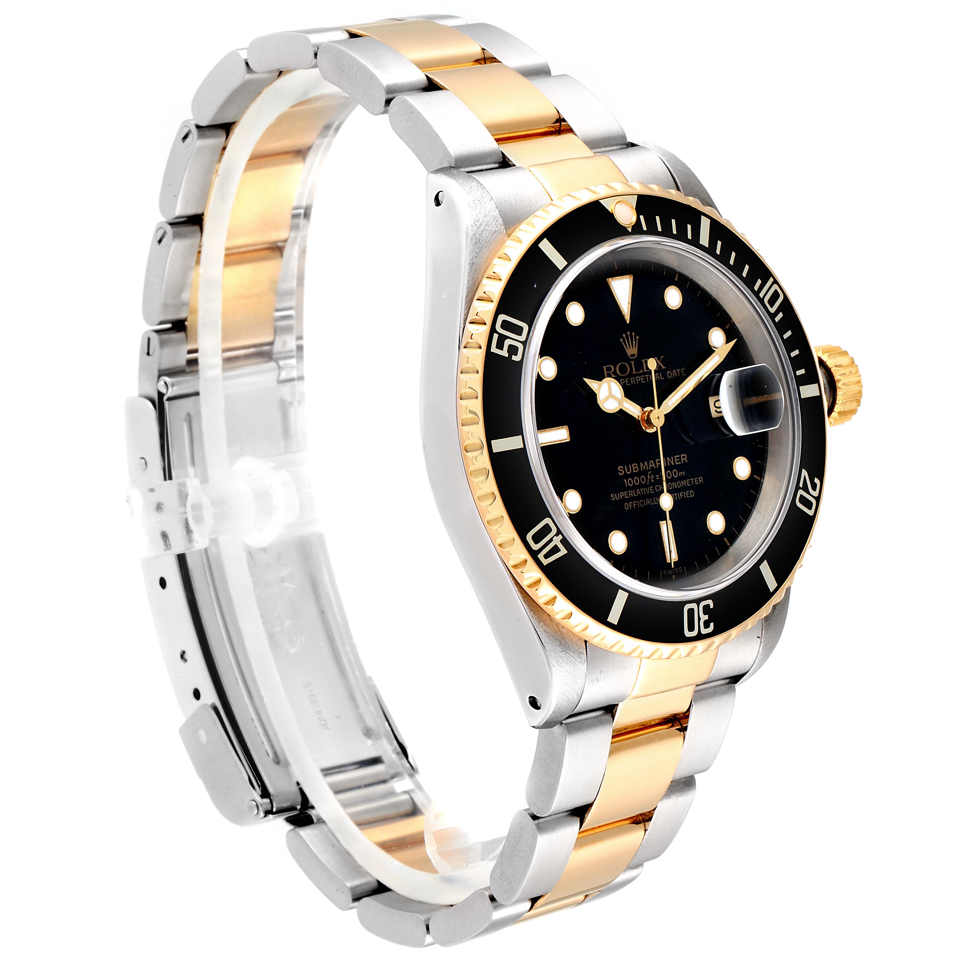 This Rolex Submariner 16613 Men's Steel and Gold (two tone) Black Dial 16613 Men's Steel and Gold (two tone) Black Dial watch is shown at an angle displaying its bezel, dial, and two-tone bracelet.