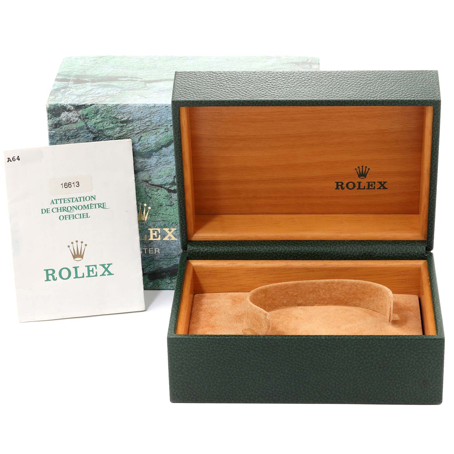 This image shows the open packaging box, manual, and outer box of the Rolex Submariner 16613 Men's Steel and Gold (two tone) Black Dial 16613 Men's Steel and Gold (two tone) Black Dial watch.