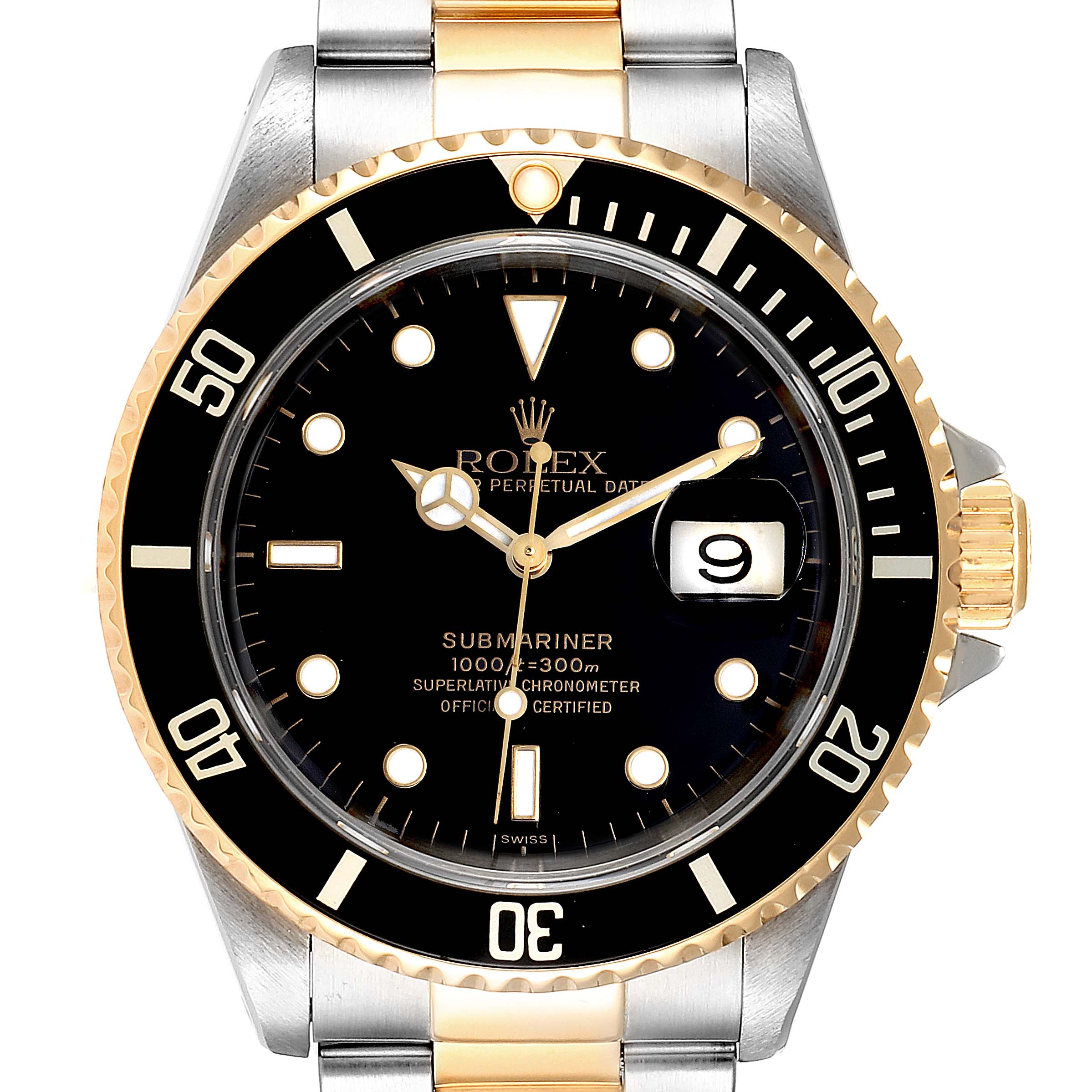 The image shows a front view of the Rolex Submariner 16613 Men's Steel and Gold (two tone) Black Dial 16613 Men's Steel and Gold (two tone) Black Dial watch, highlighting the dial, bezel, and bracelet.