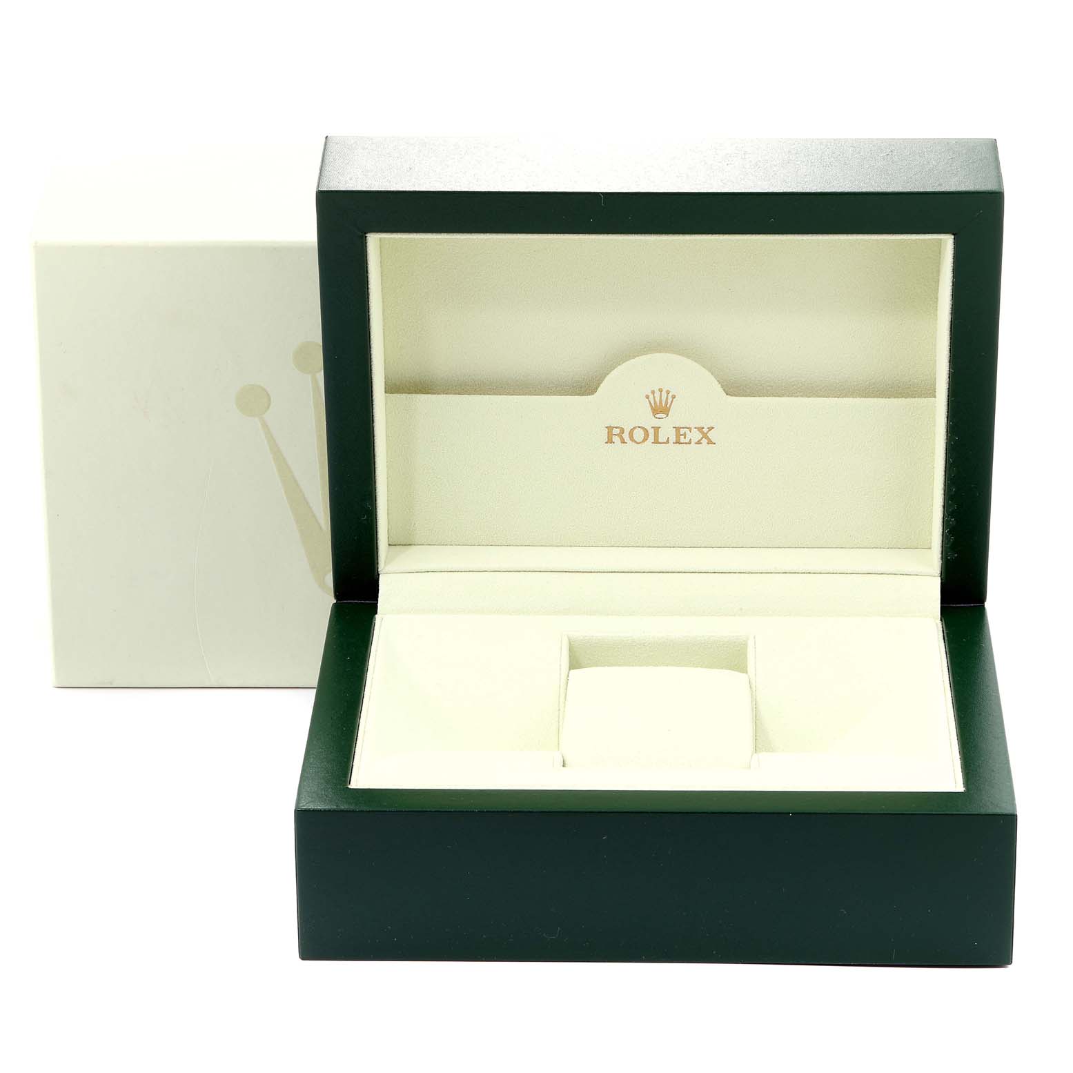 This image shows an open green box for the Rolex Submariner 16613 Men
s Steel and Gold (two tone) Grey Dial 16613 Men
s Steel and Gold (two tone) Grey Dial watch, featuring the brand logo inside.