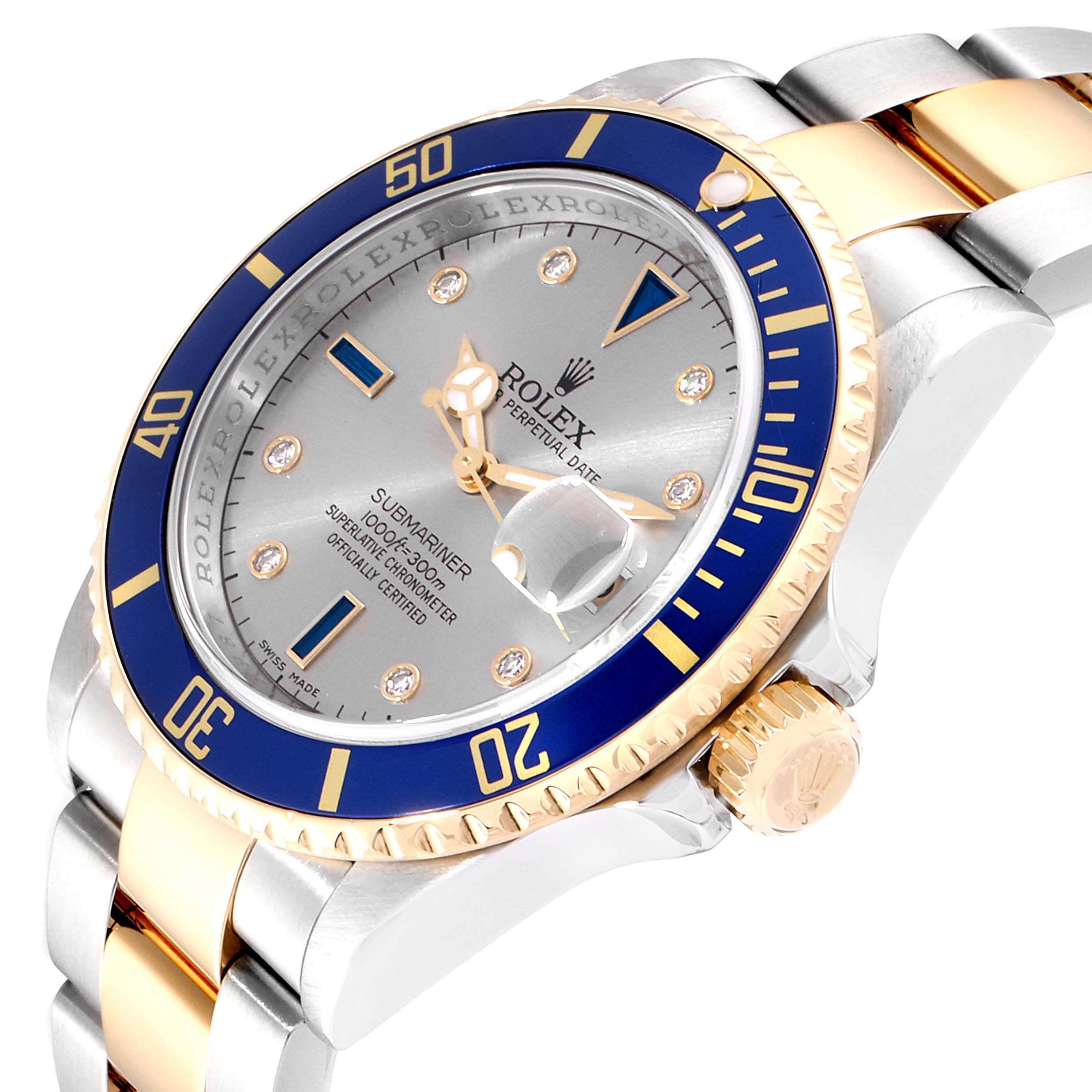 The image shows a close-up, angled view of the dial, bezel, crown, and bracelet of a Rolex Submariner 16613 Men
s Steel and Gold (two tone) Grey Dial 16613 Men
s Steel and Gold (two tone) Grey Dial watch.