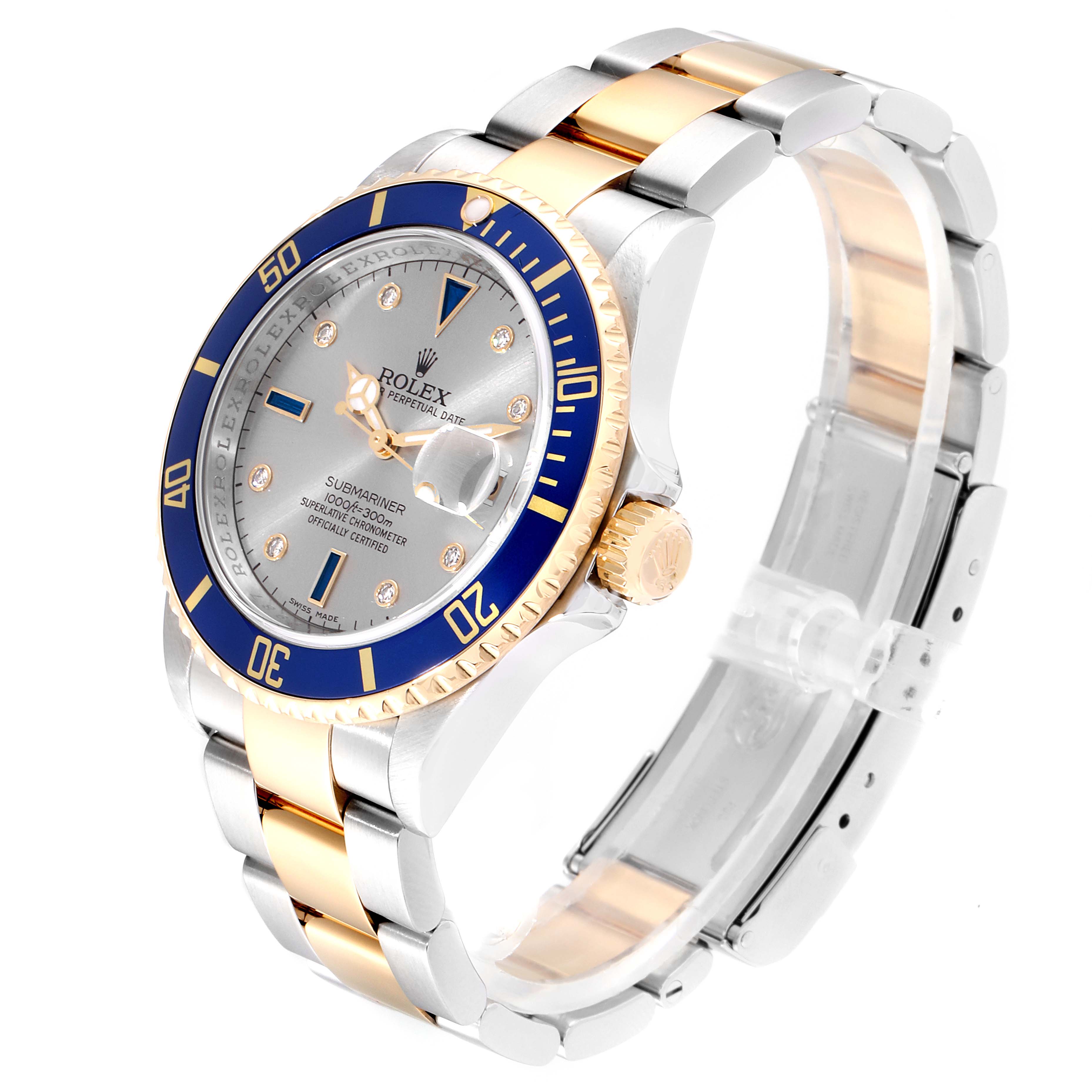 The Rolex Submariner 16613 Men
s Steel and Gold (two tone) Grey Dial 16613 Men
s Steel and Gold (two tone) Grey Dial watch is shown at a three-quarter angle, displaying the face, bezel, crown, and two-tone bracelet.