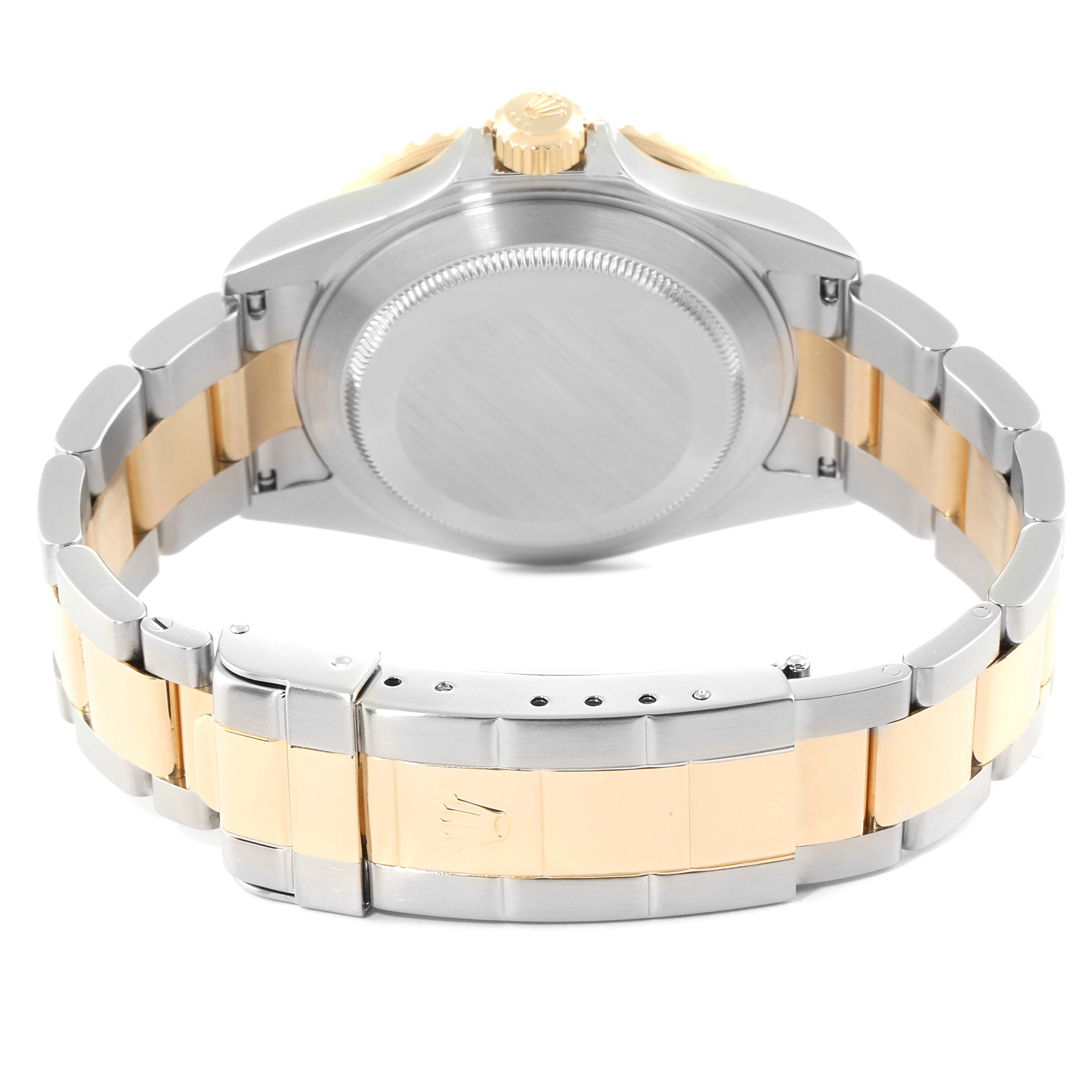 This image shows the back view of a Rolex Submariner 16613 Men
s Steel and Gold (two tone) Grey Dial 16613 Men
s Steel and Gold (two tone) Grey Dial watch, highlighting its case back and two-tone bracelet.