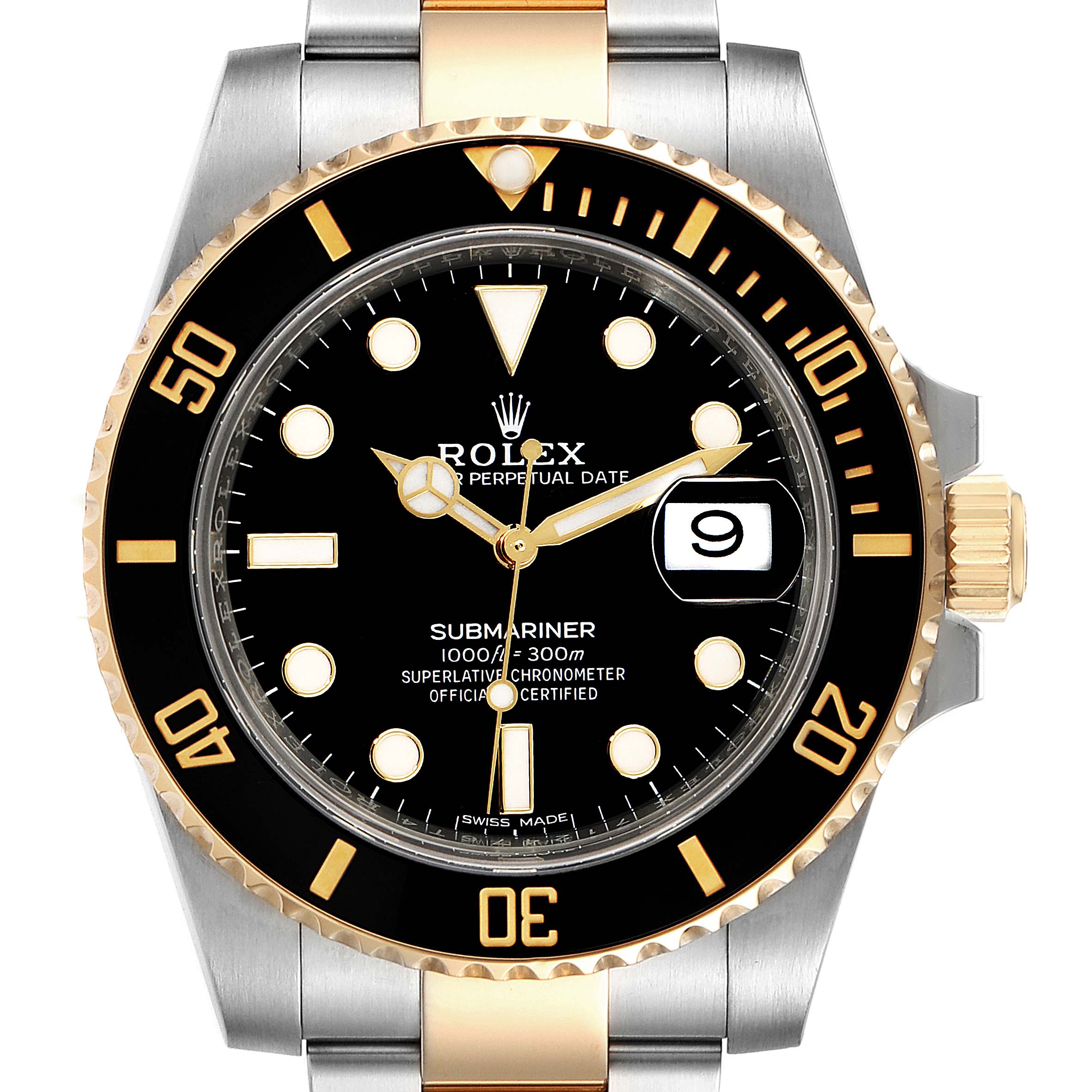 The image shows a front view of the Rolex Submariner 116613 Men
s Steel and Gold (two tone) Black Dial 116613 Men
s Steel and Gold (two tone) Black Dial watch, displaying the bezel, dial, hands, date window, and part of the bracelet.