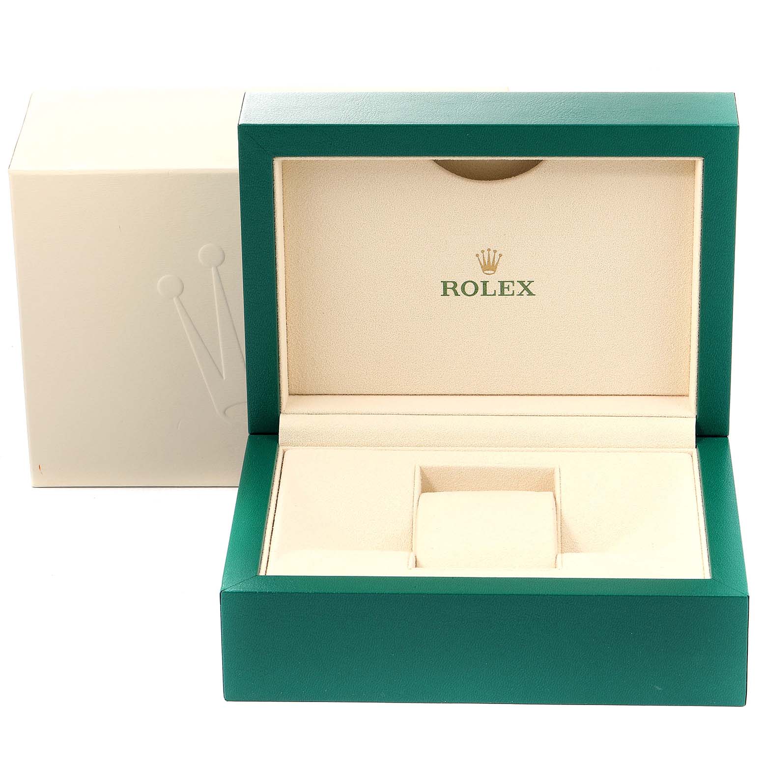 This image shows an open Rolex Submariner 116613 Men
s Steel and Gold (two tone) Black Dial 116613 Men
s Steel and Gold (two tone) Black Dial watch box, revealing the interior compartments, with the outer box in the background.