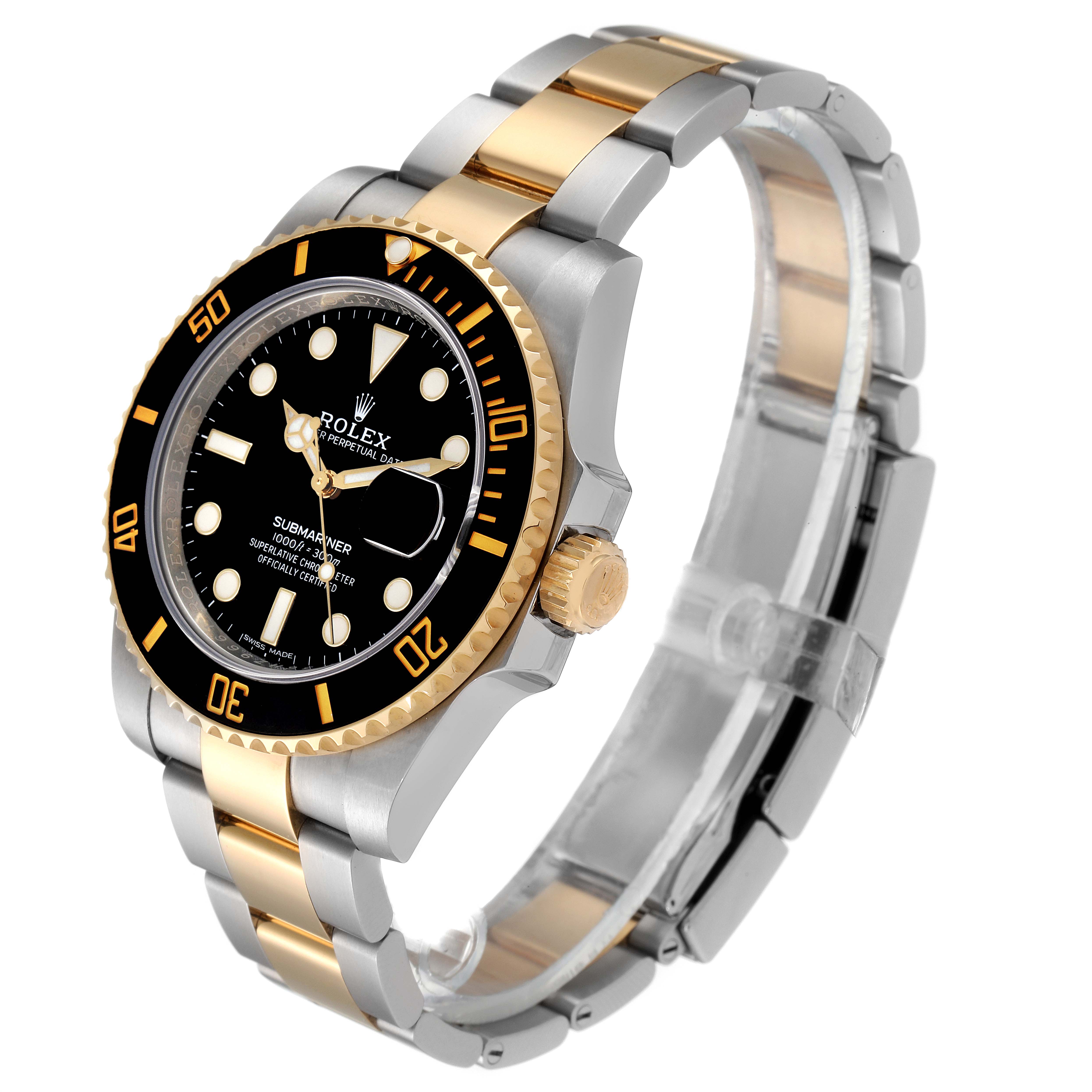 The image shows a Rolex Submariner 116613 Men
s Steel and Gold (two tone) Black Dial 116613 Men
s Steel and Gold (two tone) Black Dial watch from a front-side angle, highlighting its black and gold bezel, dial, and metal bracelet.
