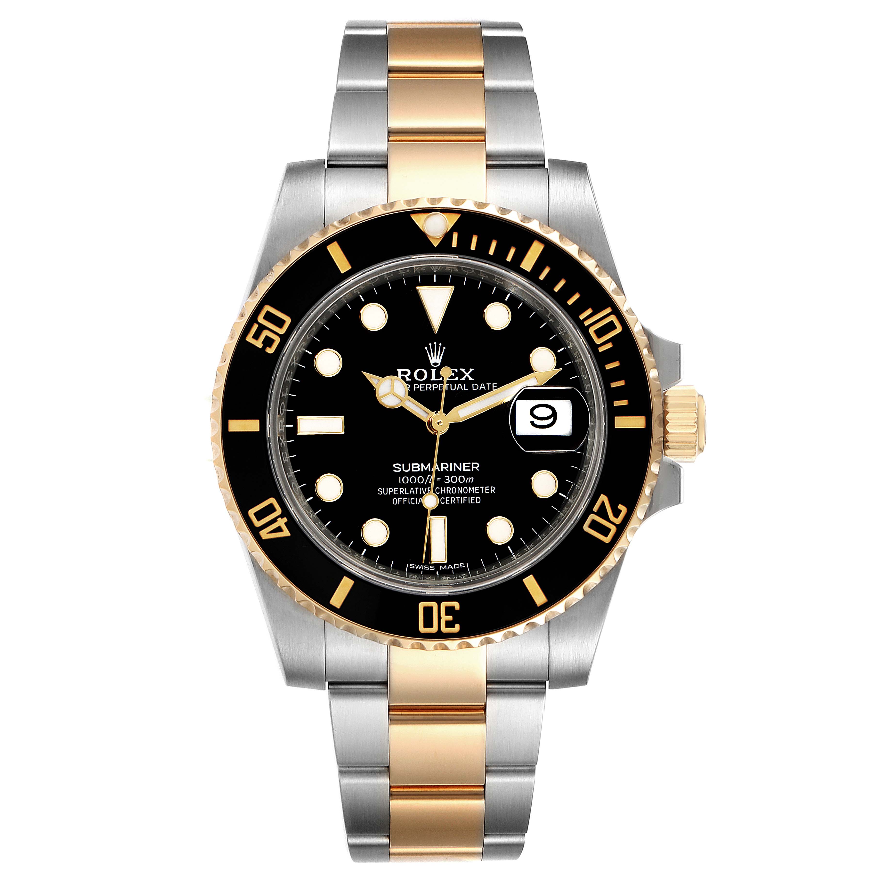 This Rolex Submariner 116613 Men
s Steel and Gold (two tone) Black Dial 116613 Men
s Steel and Gold (two tone) Black Dial watch is shown from a front angle, displaying the face, bezel, and bracelet.