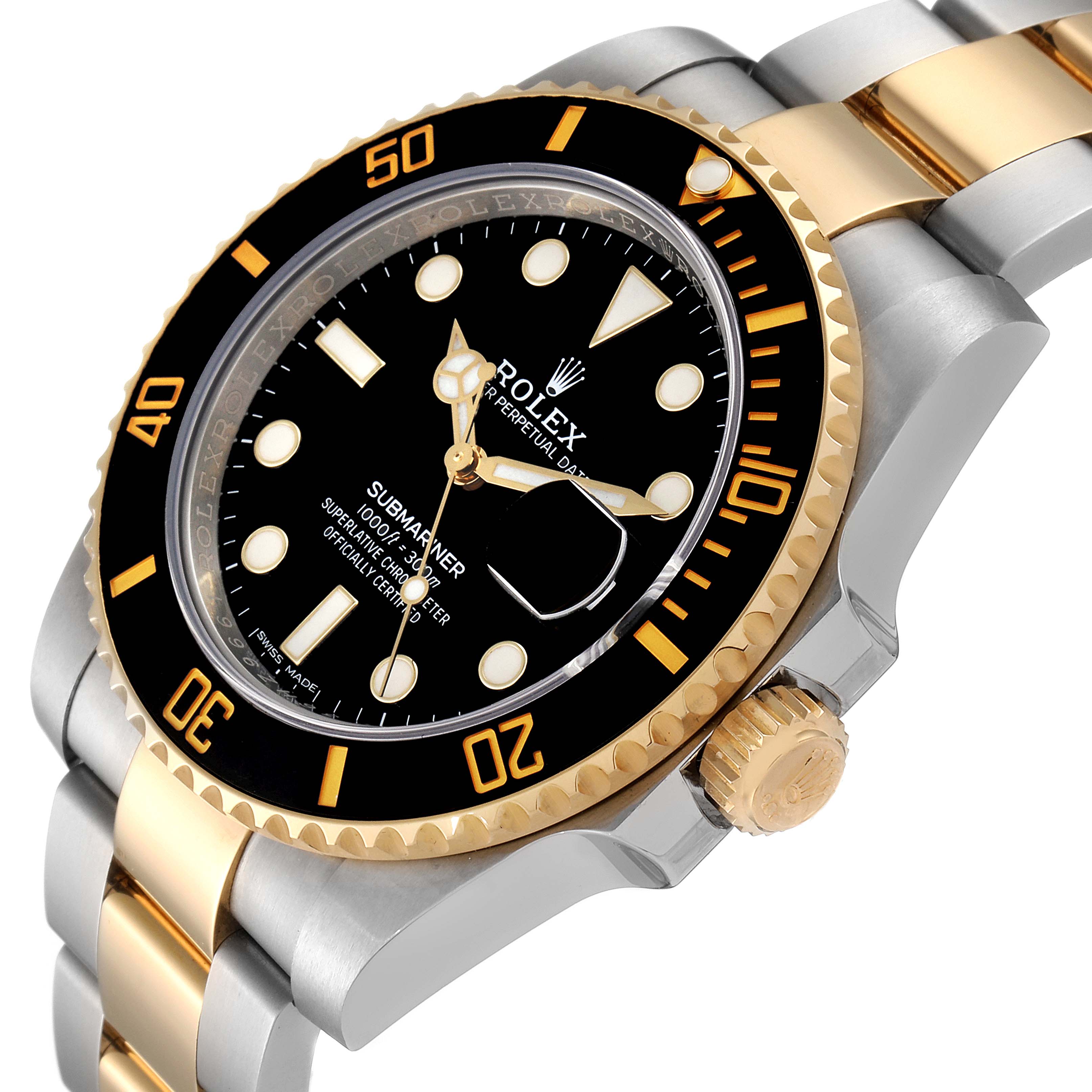 This image shows a Rolex Submariner 116613 Men
s Steel and Gold (two tone) Black Dial 116613 Men
s Steel and Gold (two tone) Black Dial watch at an angle highlighting its black dial, gold bezel, and two-tone metal bracelet.