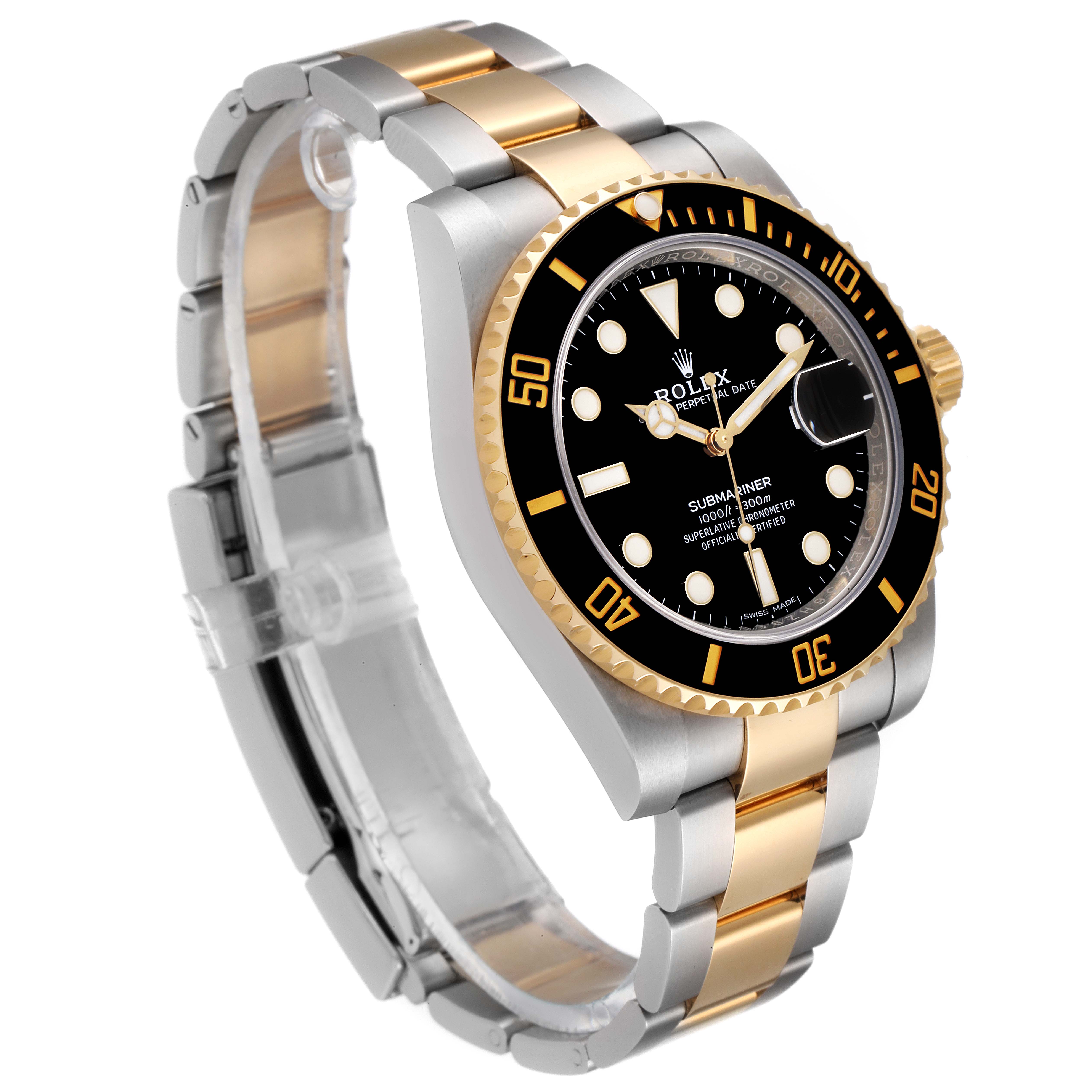 This image shows a side and slightly angled front view of the Rolex Submariner 116613 Men
s Steel and Gold (two tone) Black Dial 116613 Men
s Steel and Gold (two tone) Black Dial, highlighting the black dial, bezel, and two-tone metal bracelet.