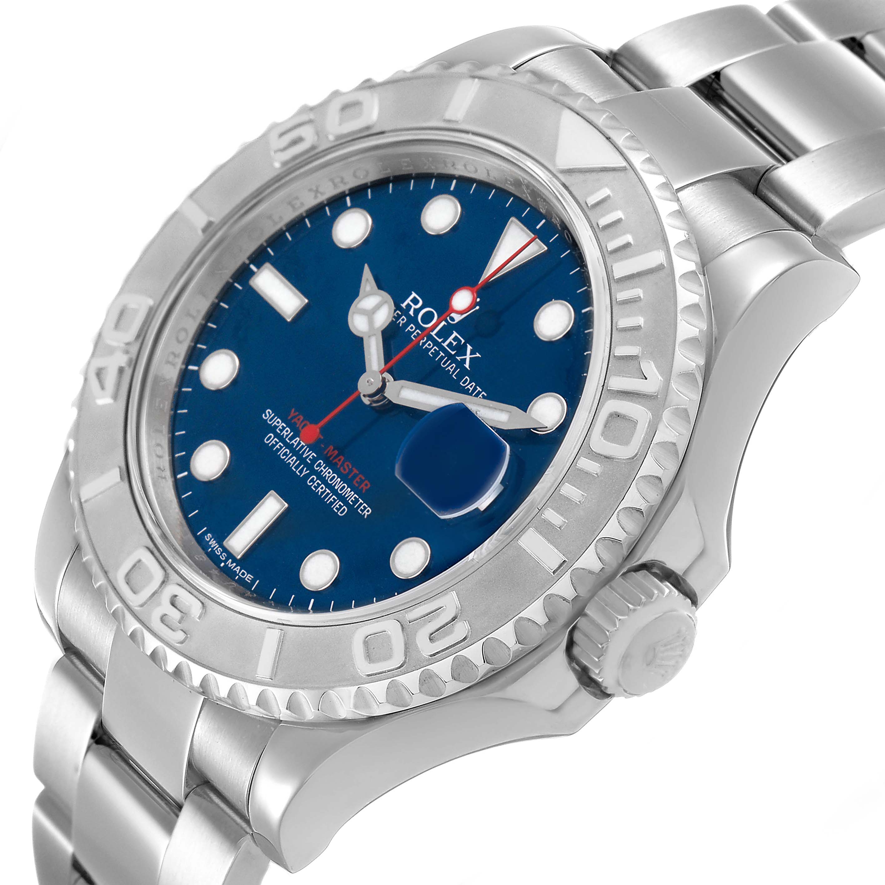 The Rolex Yacht-Master 116622 Men's Stainless Steel Blue Dial watch is shown at an angle highlighting the blue dial, bezel, crown, and part of the bracelet.