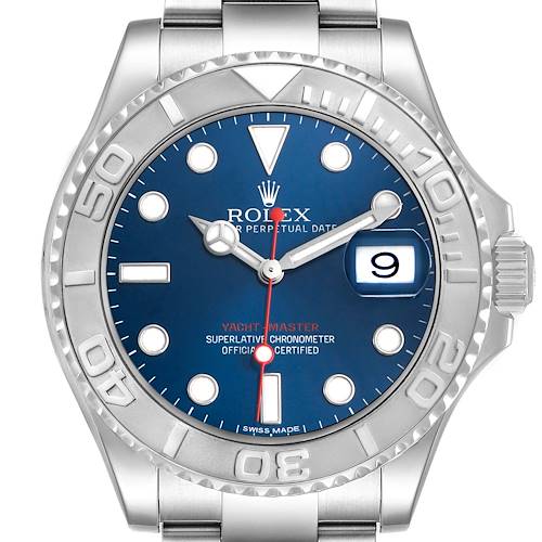 The Rolex Yacht-Master 116622 Men's Stainless Steel Blue Dial watch is shown from a front angle, highlighting the blue dial, bezel, and date window.