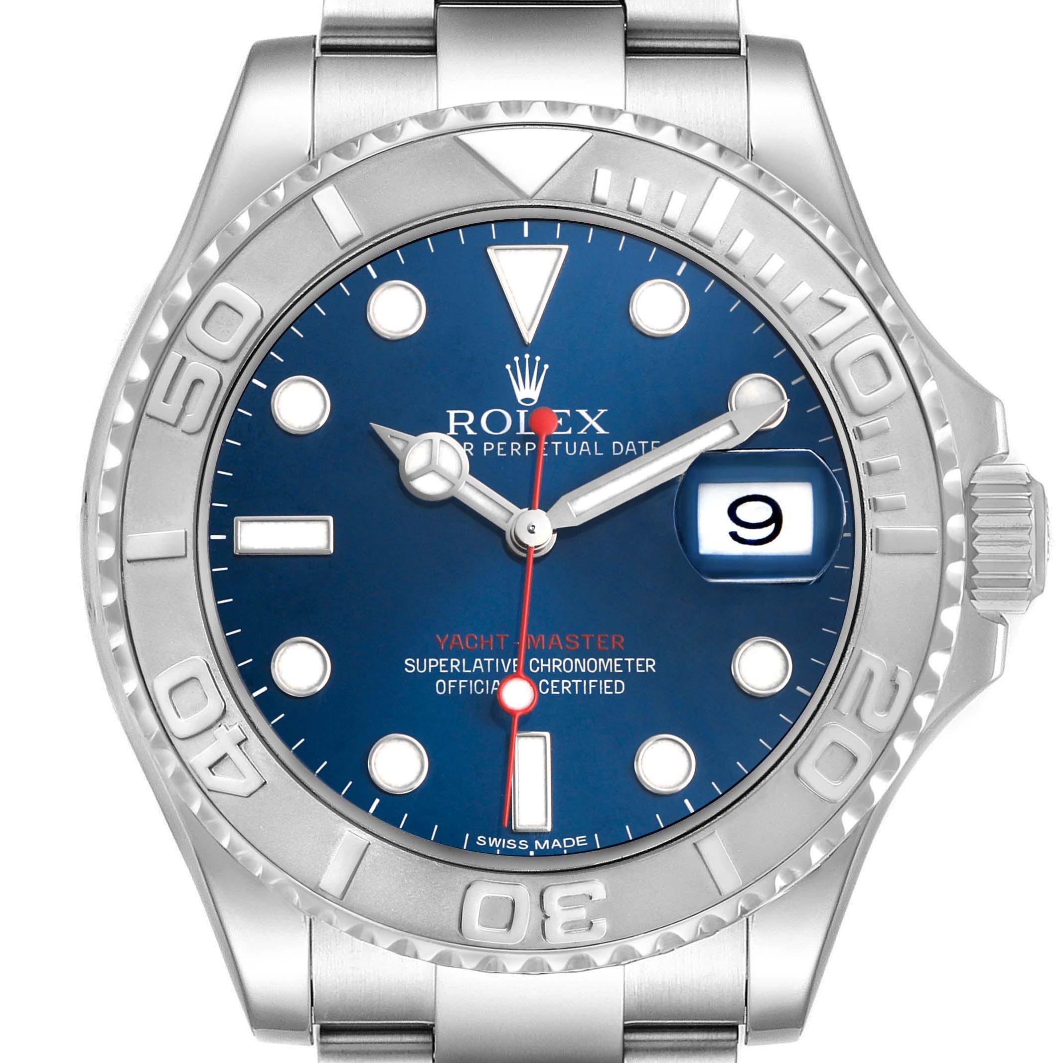 The Rolex Yacht-Master 116622 Men's Stainless Steel Blue Dial watch is shown from the front, highlighting its blue dial, bezel, and date window.