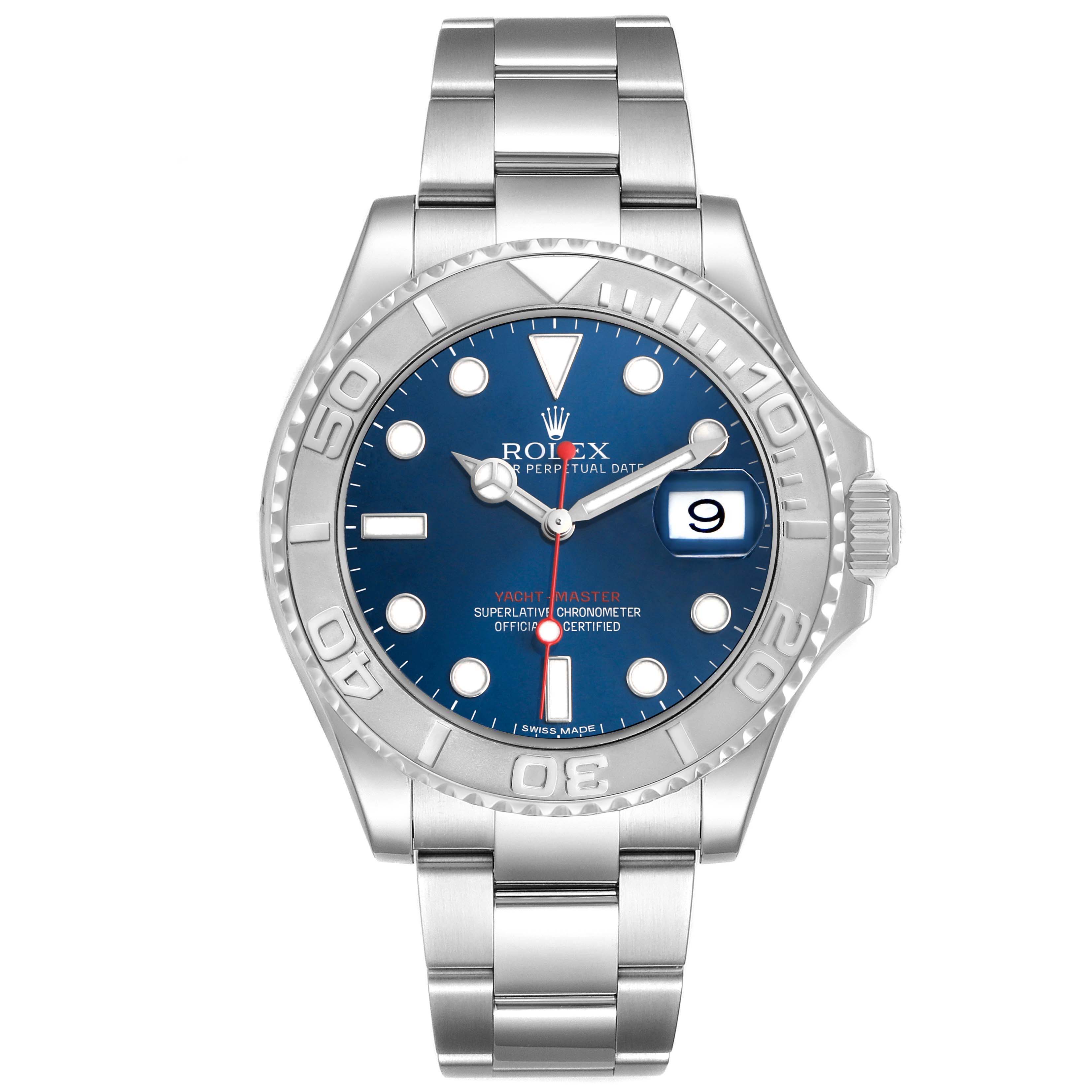 The Rolex Yacht-Master 116622 Men's Stainless Steel Blue Dial watch is shown from a front angle, displaying the dial, bezel, and bracelet clearly.