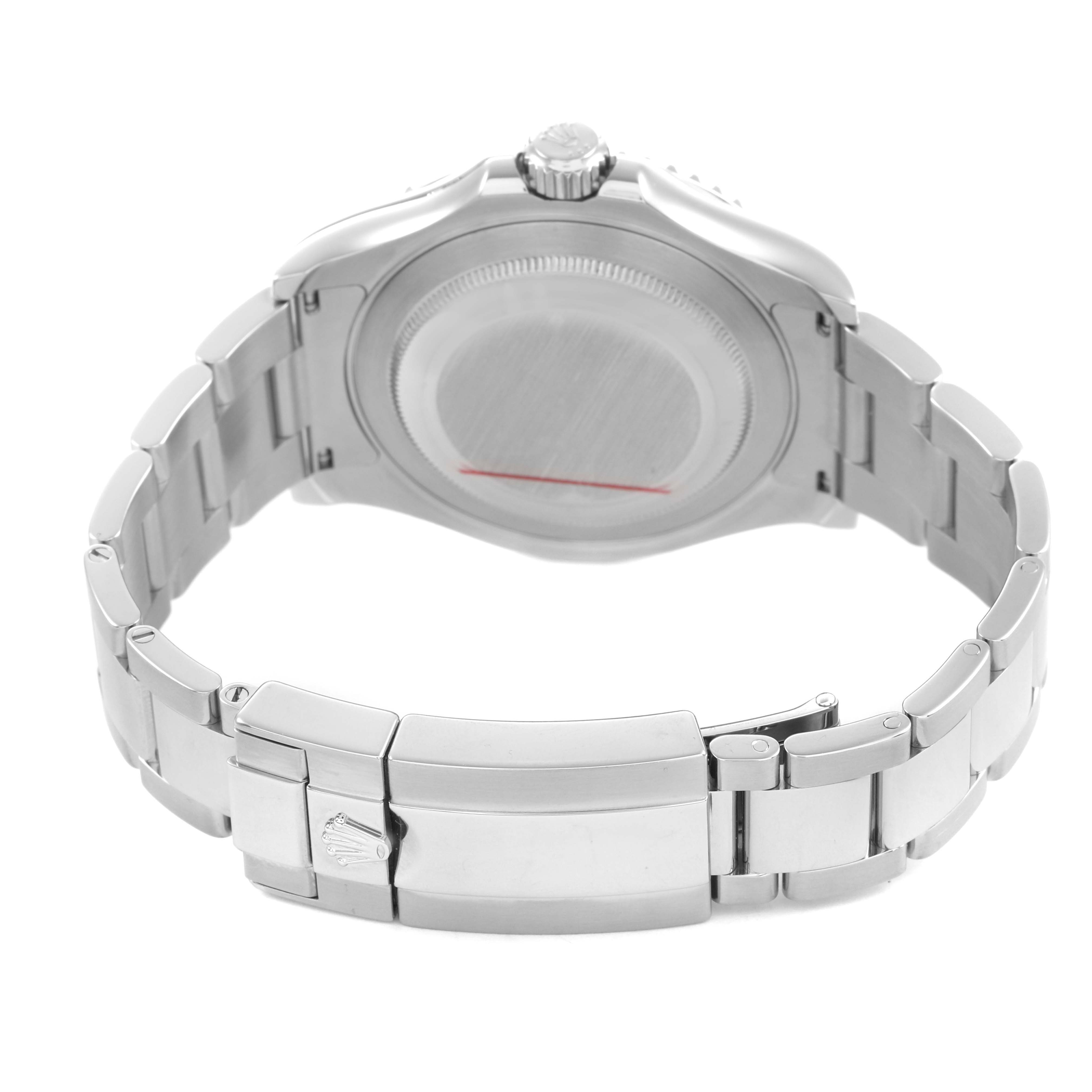The image shows the back view of a Rolex Yacht-Master 116622 Men's Stainless Steel Blue Dial watch, highlighting the clasp and bracelet.