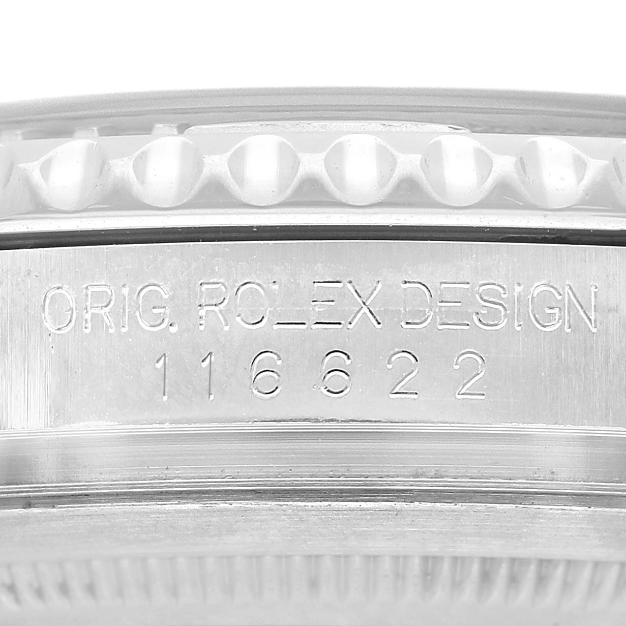 The image shows a close-up side angle of a Rolex Yacht-Master 116622 Men's Stainless Steel Blue Dial, highlighting the engraved model number 116622 and design details.