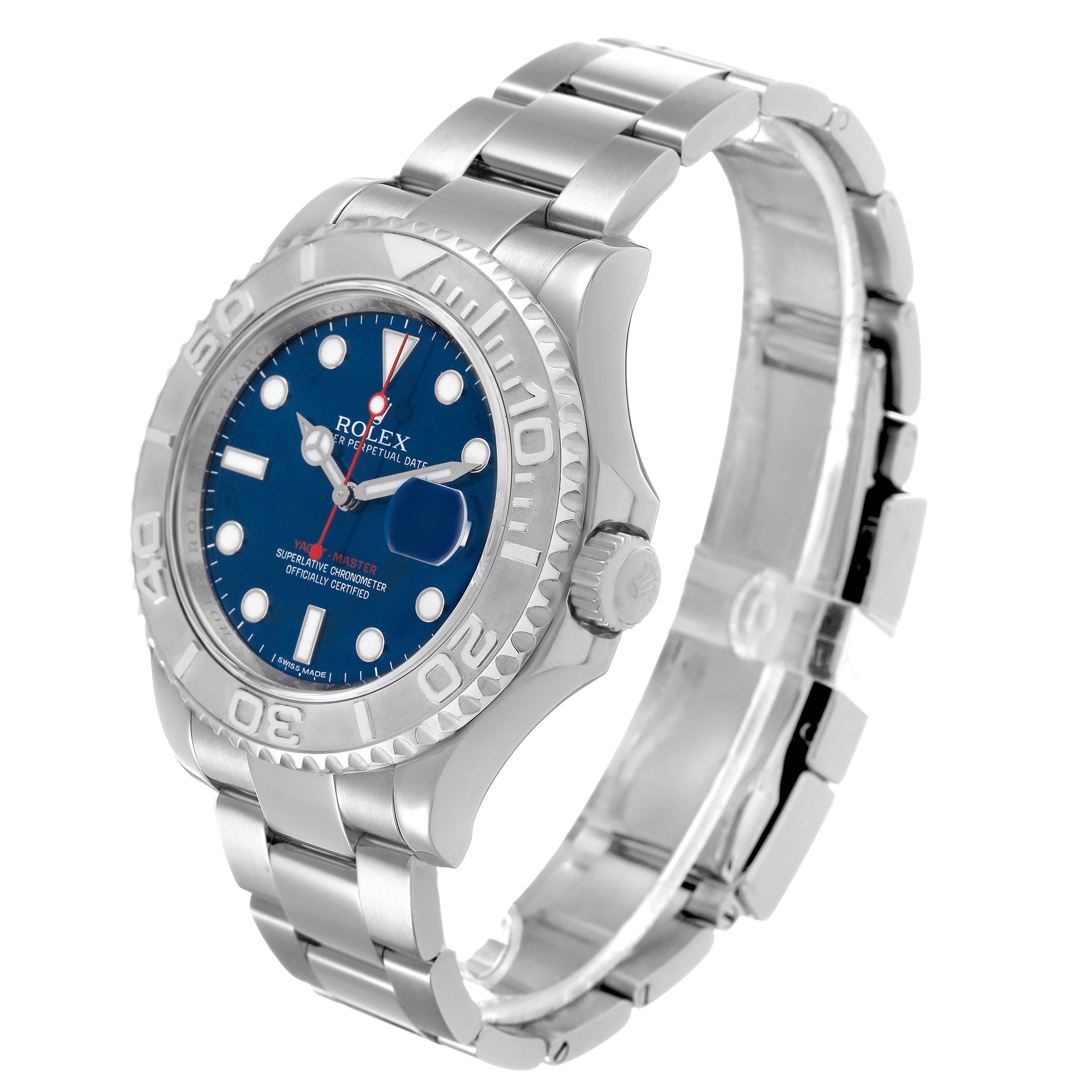 The Rolex Yacht-Master 116622 Men's Stainless Steel Blue Dial watch is shown at a three-quarter angle, highlighting the face, bezel, crown, and bracelet.