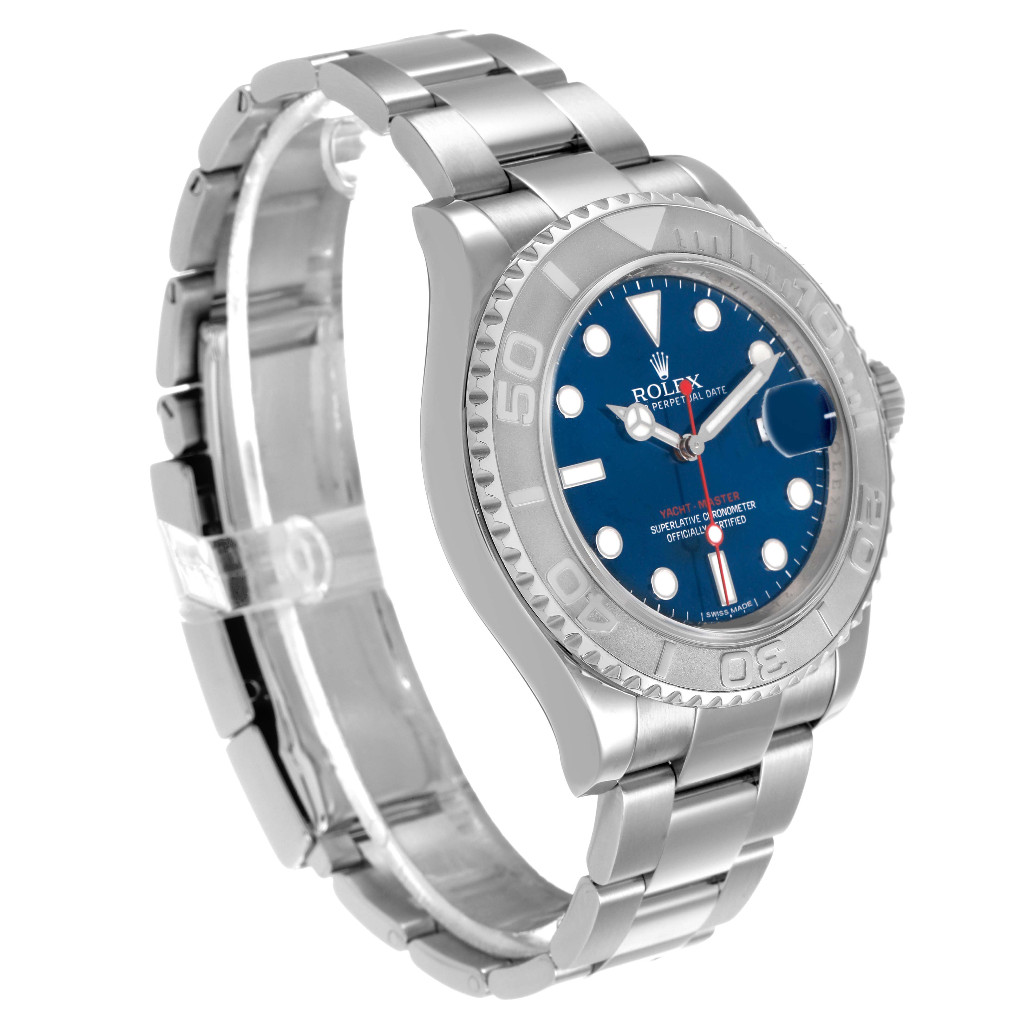 The Rolex Yacht-Master 116622 Men's Stainless Steel Blue Dial is shown at a slight angle, highlighting the blue dial, bezel, and stainless steel bracelet.