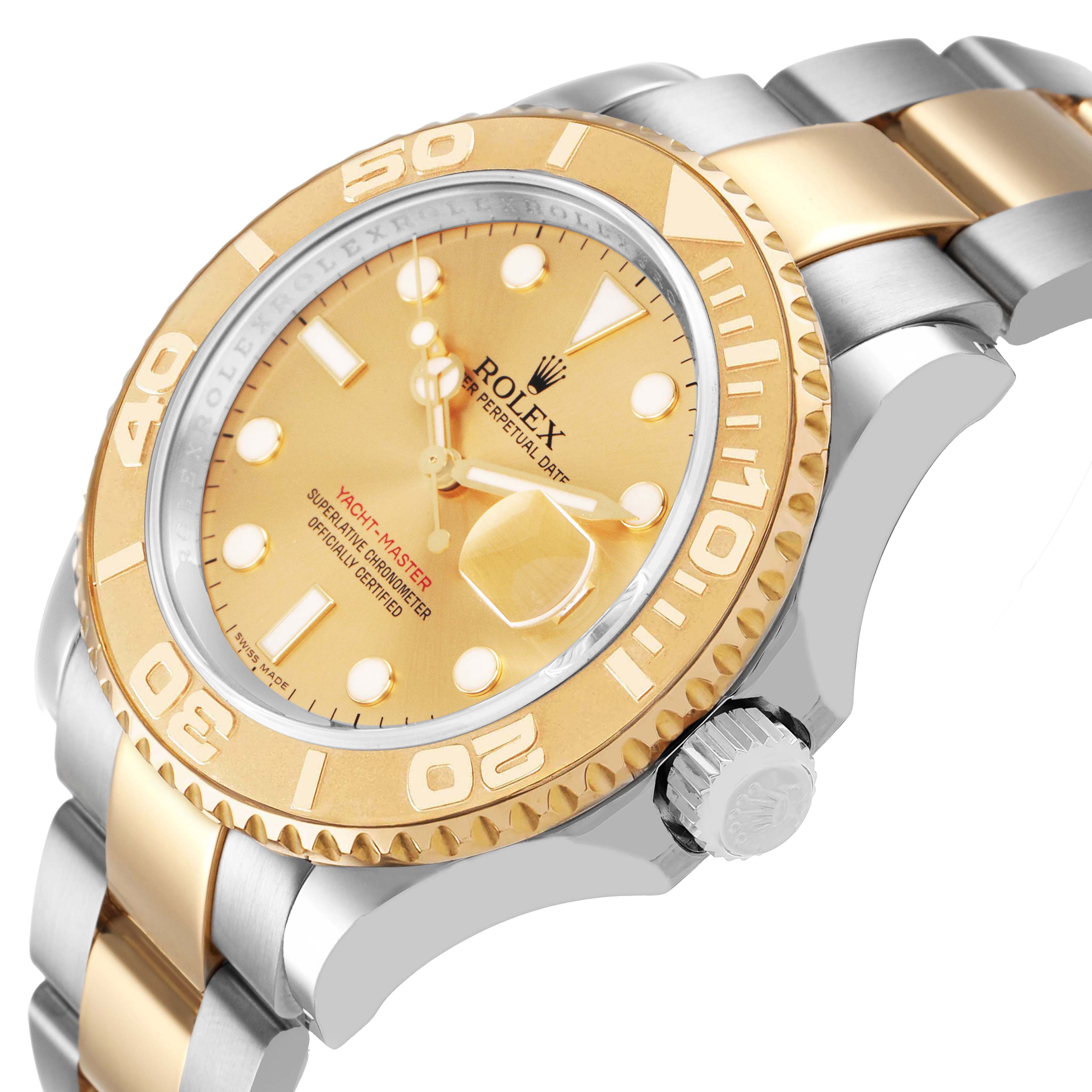 The Rolex Yacht-Master 16623 Men's Steel and Gold (two tone) Champagne Dial watch is shown at a three-quarter angle, displaying the face, bezel, crown, and part of the bracelet.