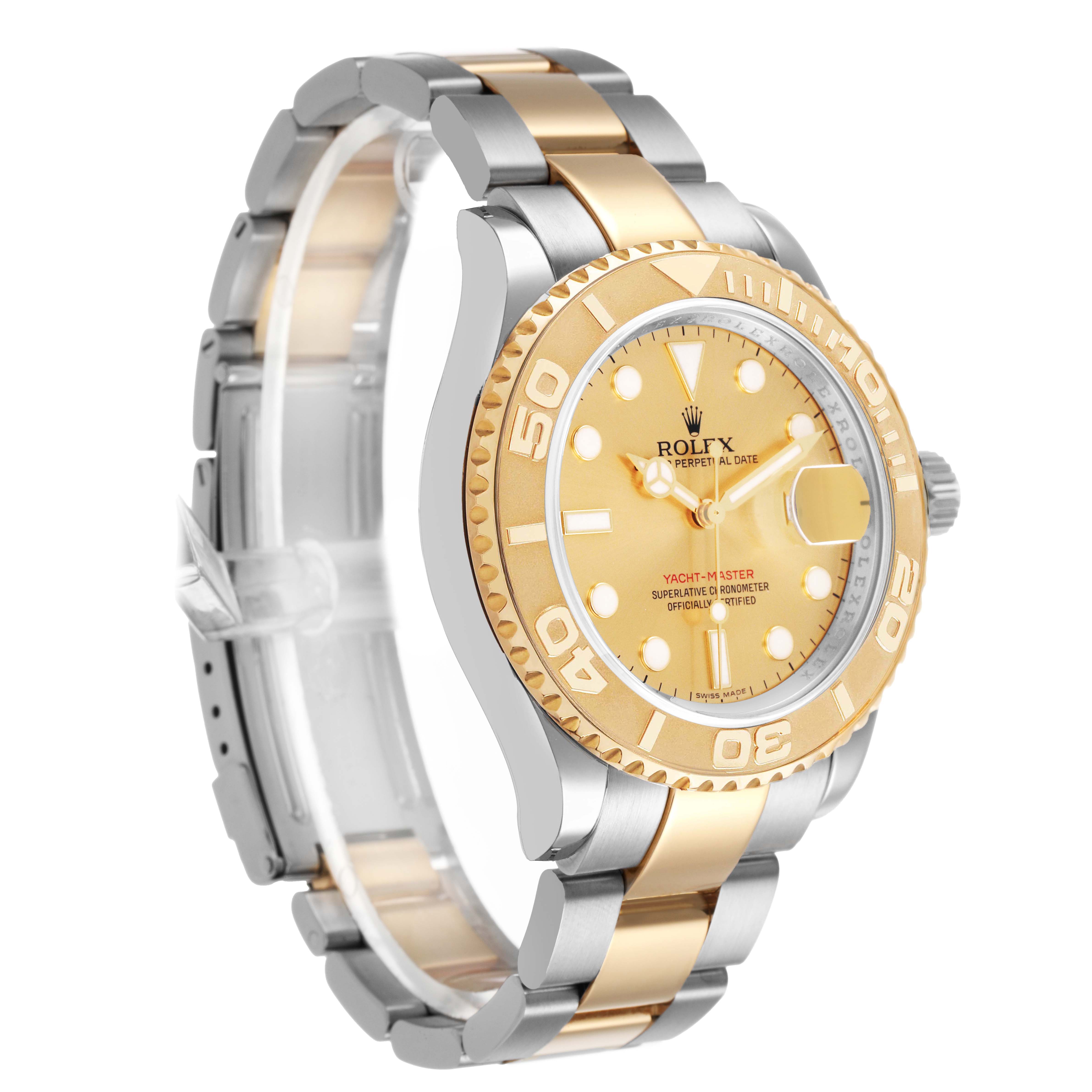 The Rolex Yacht-Master 16623 Men's Steel and Gold (two tone) Champagne Dial watch is shown at a three-quarter angle, displaying the dial, bezel, and two-tone bracelet.