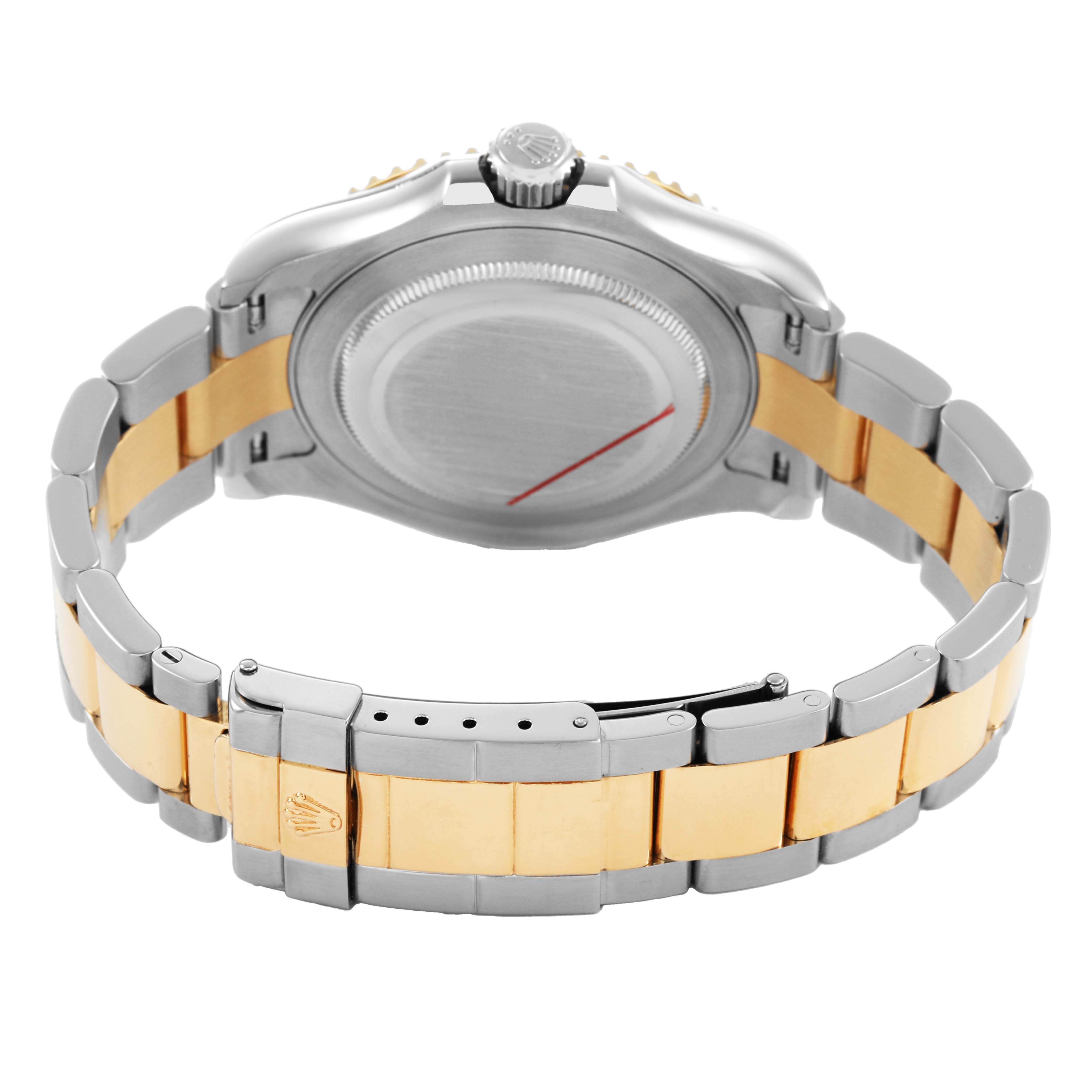The image shows the back of a Rolex Yacht-Master 16623 Men's Steel and Gold (two tone) Champagne Dial watch, focusing on the case back, crown, and two-tone metal bracelet.