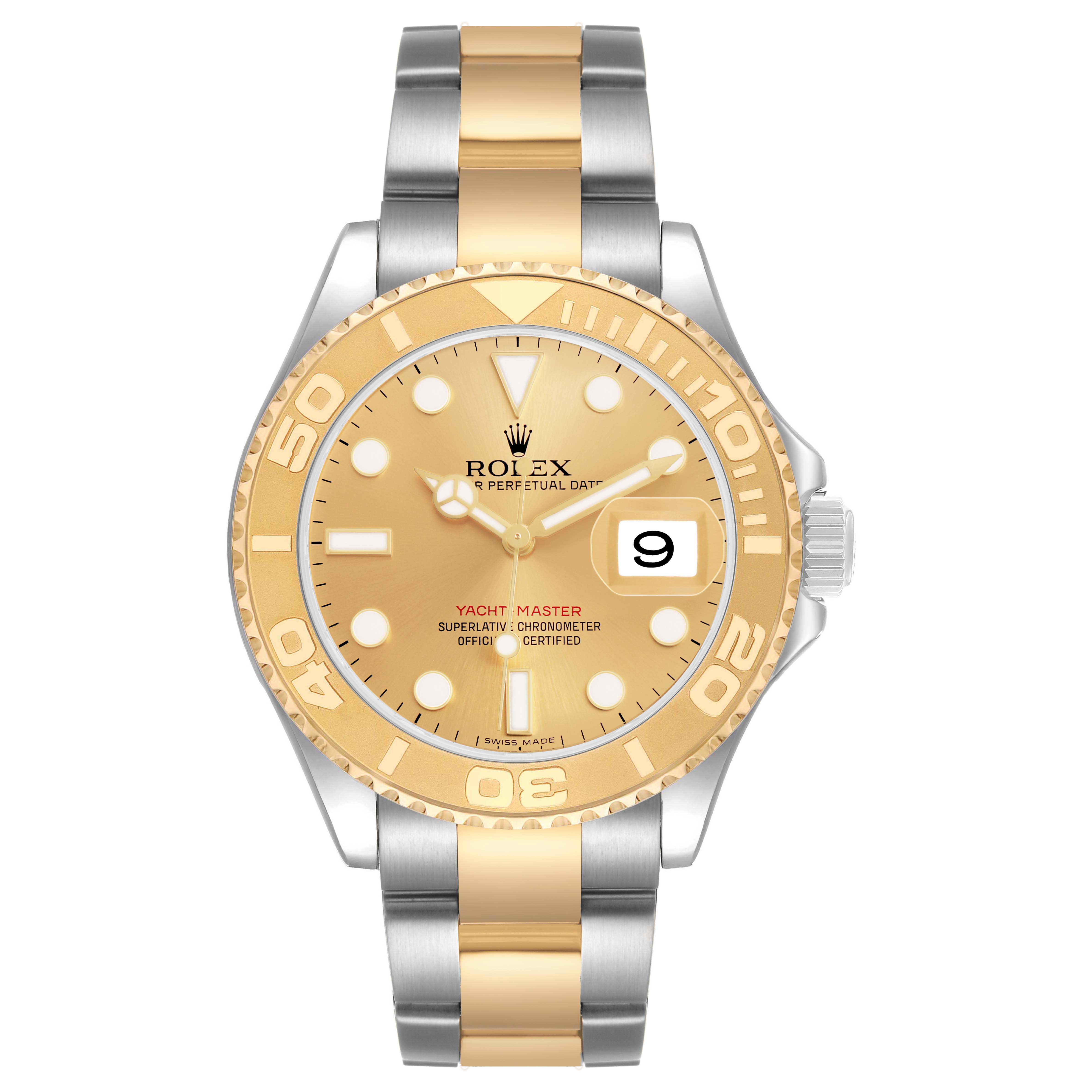 The Rolex Yacht-Master 16623 Men's Steel and Gold (two tone) Champagne Dial watch is shown from a front angle, displaying the face, bezel, and part of the bracelet.