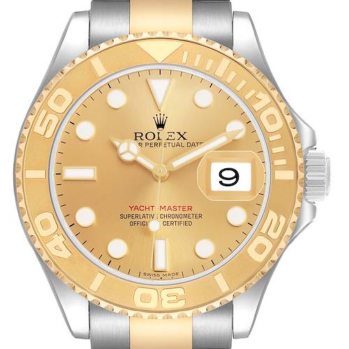 The Rolex Yacht-Master 16623 Men's Steel and Gold (two tone) Champagne Dial watch is shown from the front, highlighting the dial, bezel, and part of the bracelet.