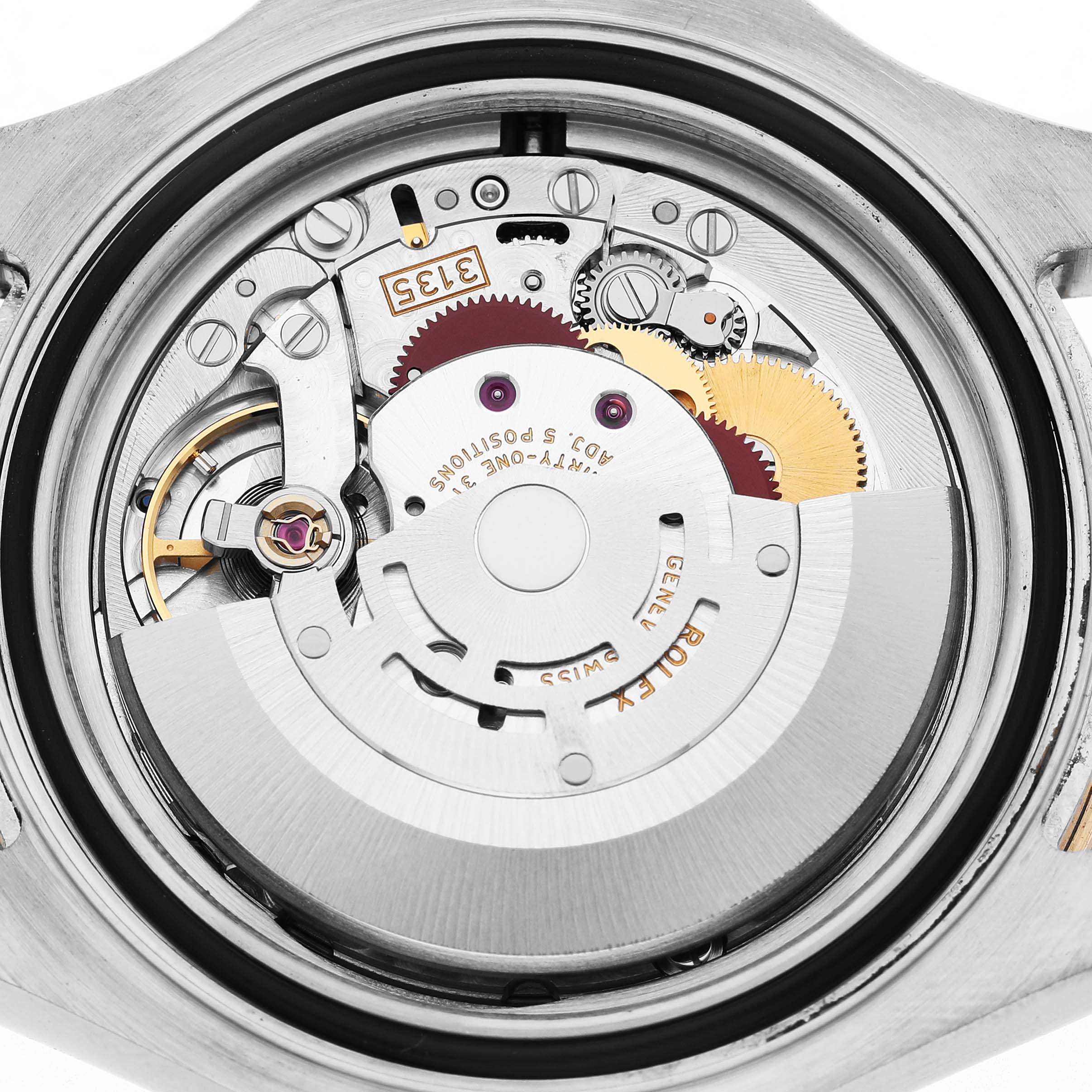 The image shows the intricate movement of a Rolex Yacht-Master 16623 Men's Steel and Gold (two tone) Champagne Dial watch, focusing on its internal mechanics from a top-down angle.