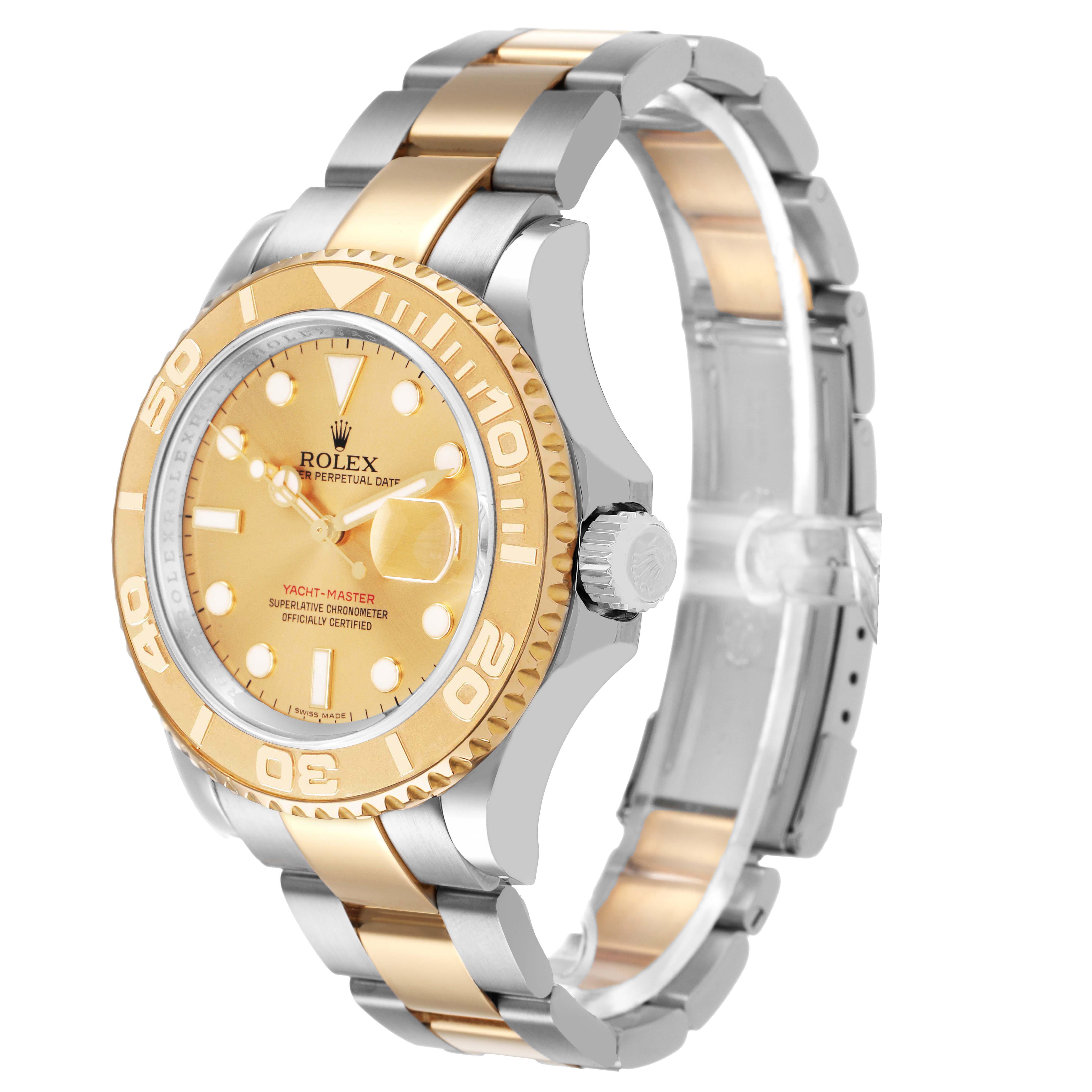 The Rolex Yacht-Master 16623 Men's Steel and Gold (two tone) Champagne Dial watch is shown at an angle displaying the face, bezel, crown, and bracelet clearly.