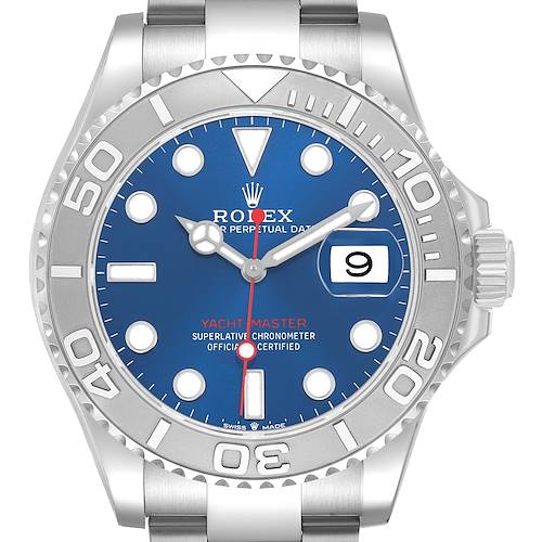 The Rolex Yacht-Master 126622 Men's Stainless Steel Blue Dial watch is shown from the front, highlighting its blue dial, date window, bezel, and partially visible bracelet.