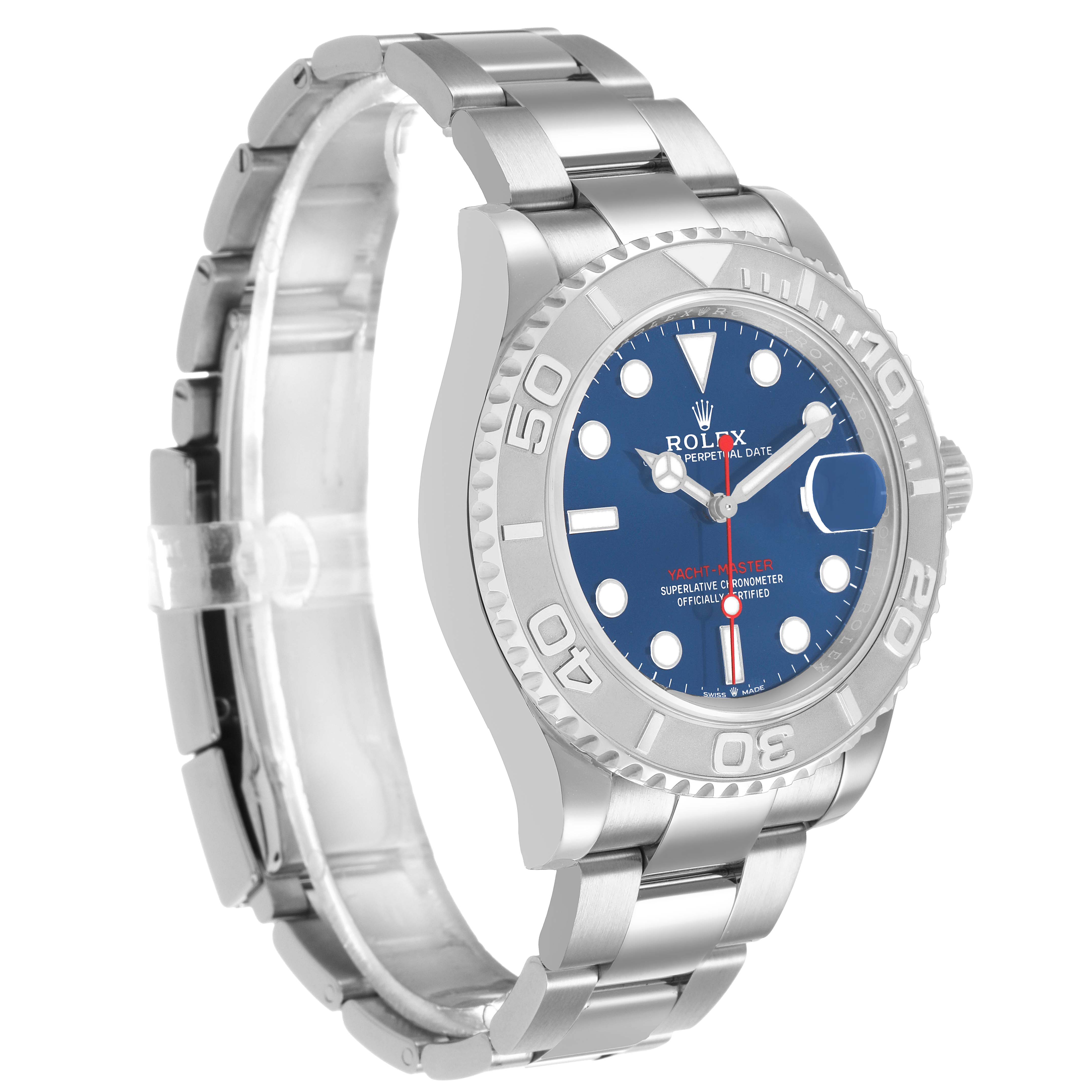 The Rolex Yacht-Master 126622 Men's Stainless Steel Blue Dial watch is shown at a three-quarter angle, displaying the bracelet, bezel, and face.