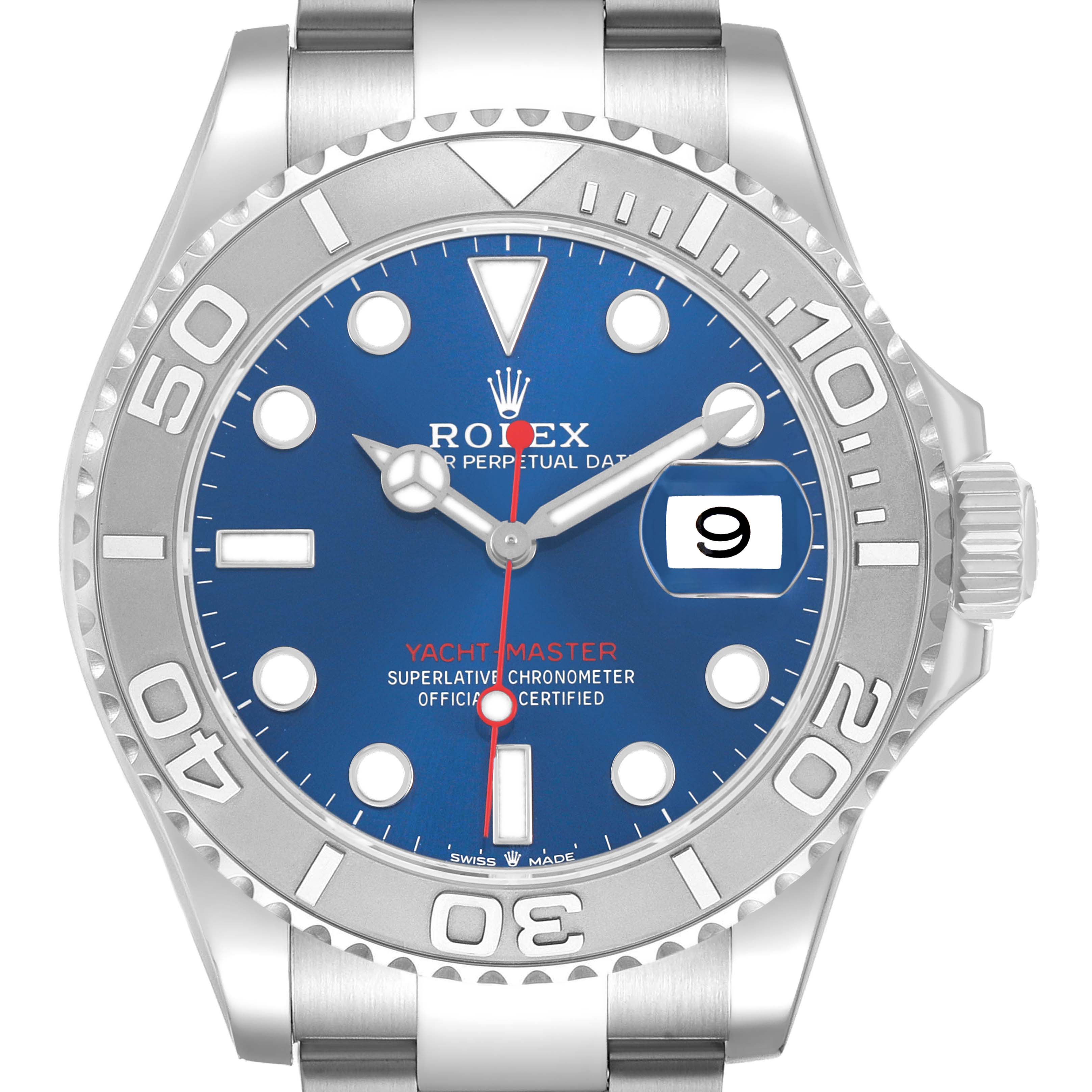 The image shows a frontal view of a Rolex Yacht-Master 126622 Men's Stainless Steel Blue Dial watch, highlighting the dial, bezel, and bracelet.