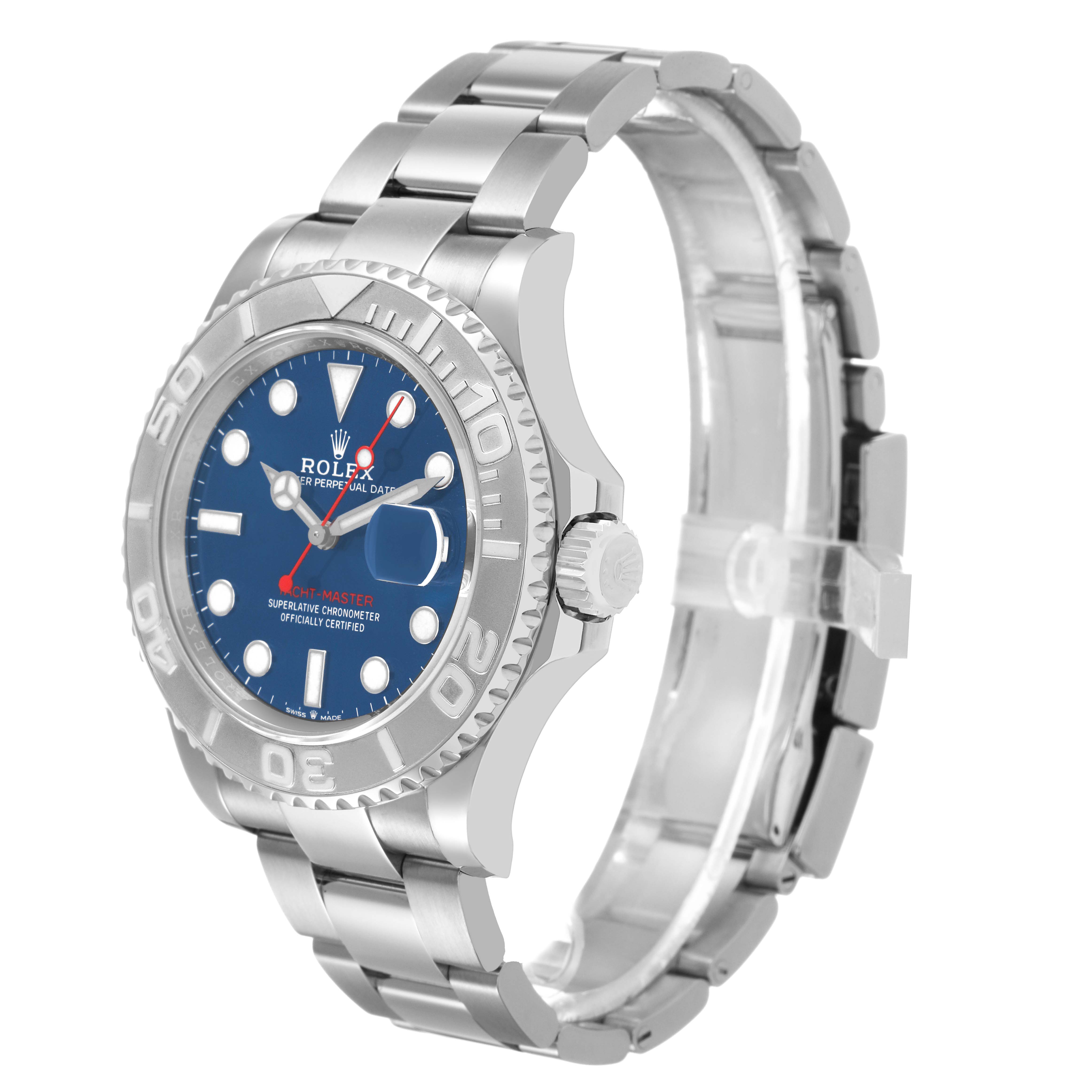 The Rolex Yacht-Master 126622 Men's Stainless Steel Blue Dial is shown at a three-quarter angle, displaying the bracelet, bezel, and dial.