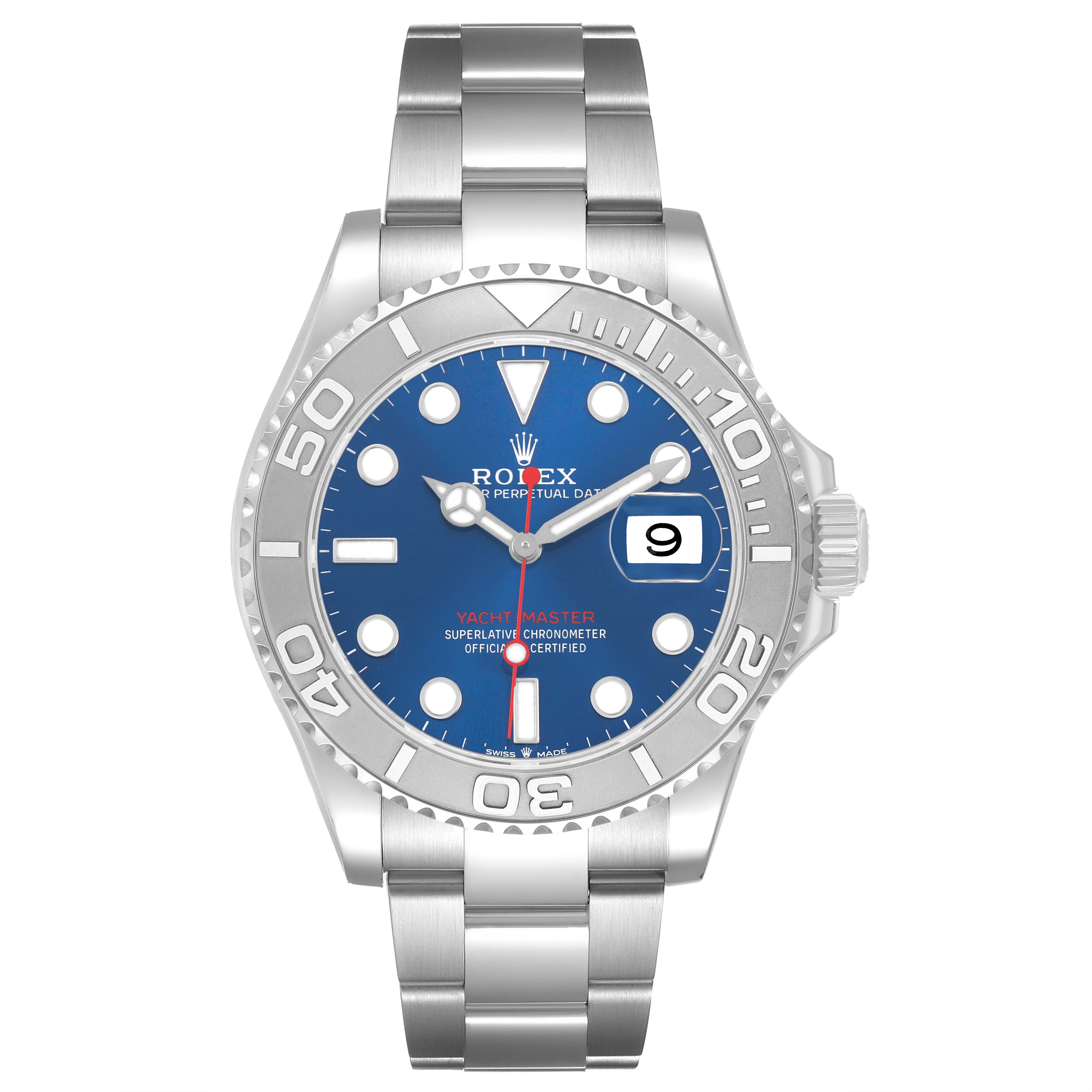 The Rolex Yacht-Master 126622 Men's Stainless Steel Blue Dial is shown from a front view, highlighting the dial, bezel, bracelet, and date display.