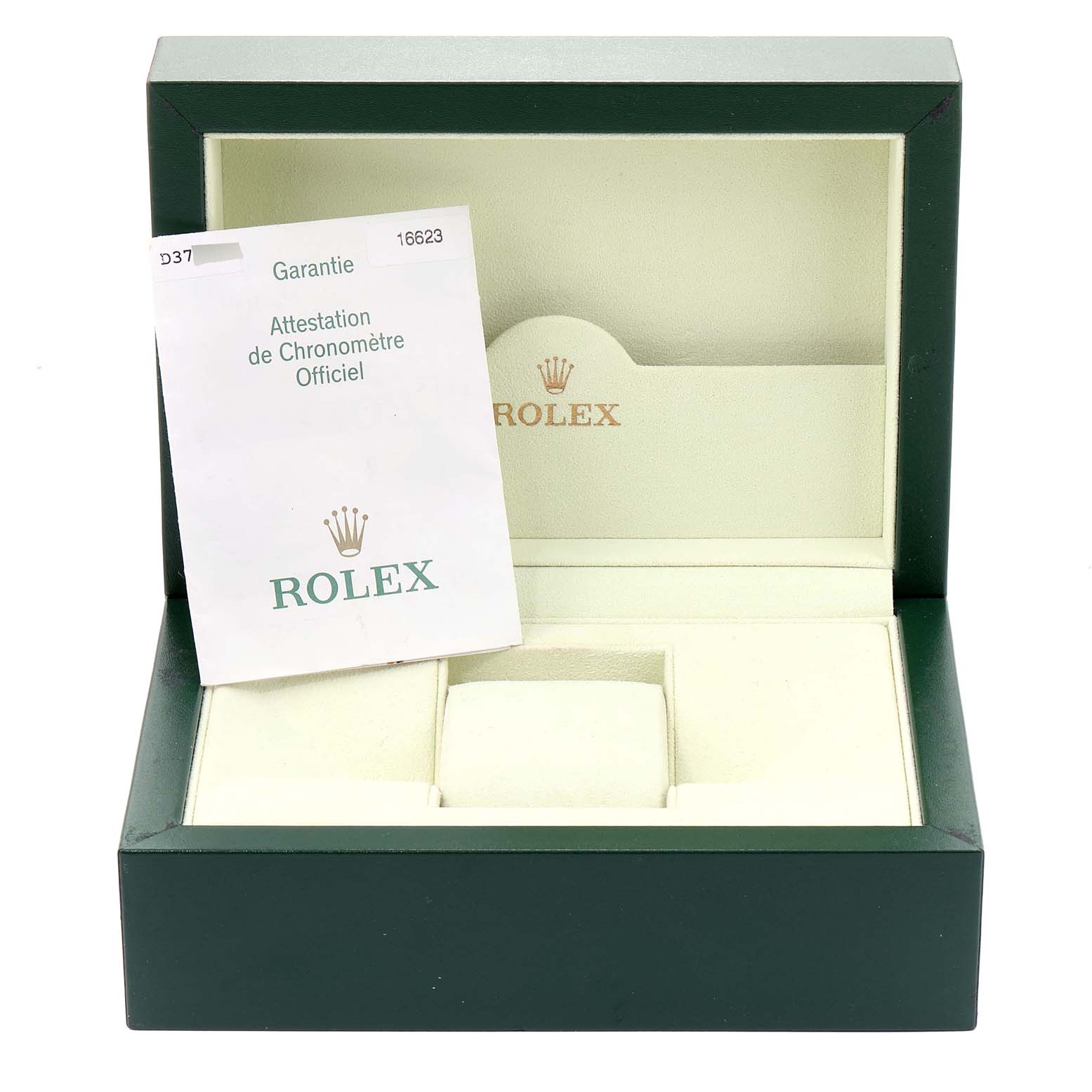 The image shows an open Rolex Yacht-Master 16623 Men
s Steel and Gold (two tone) White Dial 16623 Men
s Steel and Gold (two tone) White Dial watch box with a warranty booklet inside.