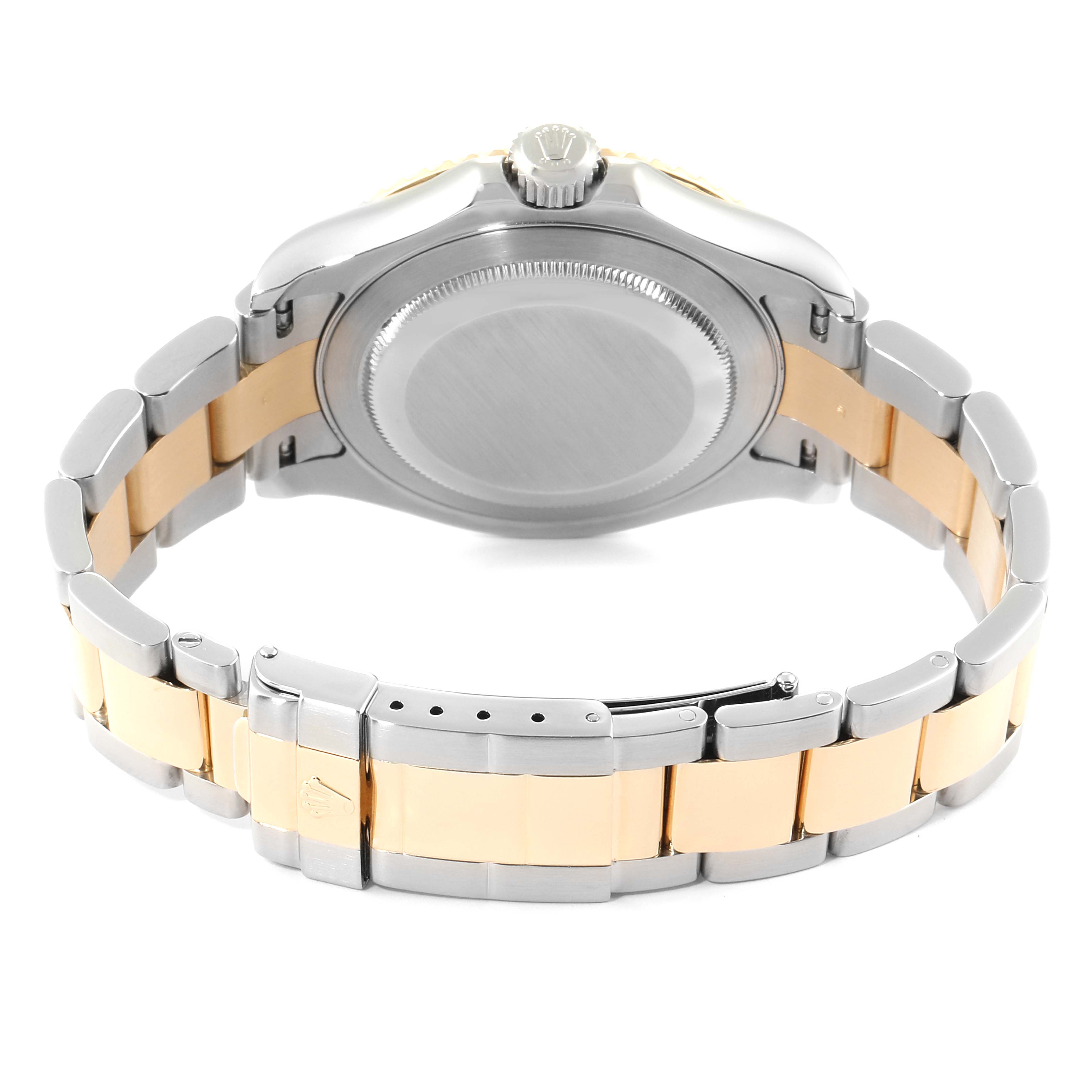 The Rolex Yacht-Master 16623 Men
s Steel and Gold (two tone) White Dial 16623 Men
s Steel and Gold (two tone) White Dial watch is shown from the back, highlighting the case back and portion of the two-tone bracelet.