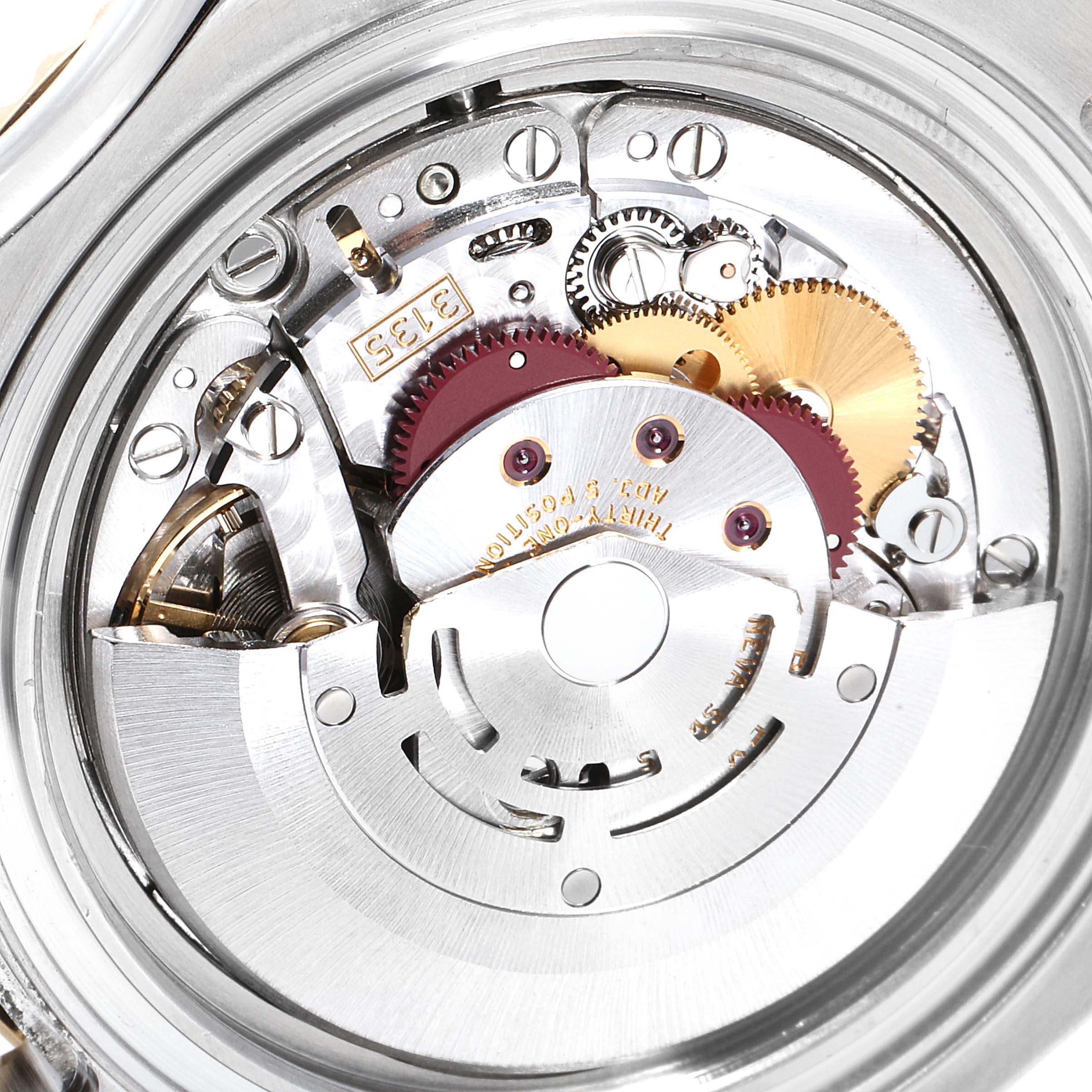 This image shows the internal movement and mechanics of a Rolex Yacht-Master 16623 Men
s Steel and Gold (two tone) White Dial 16623 Men
s Steel and Gold (two tone) White Dial watch, viewed from the back.